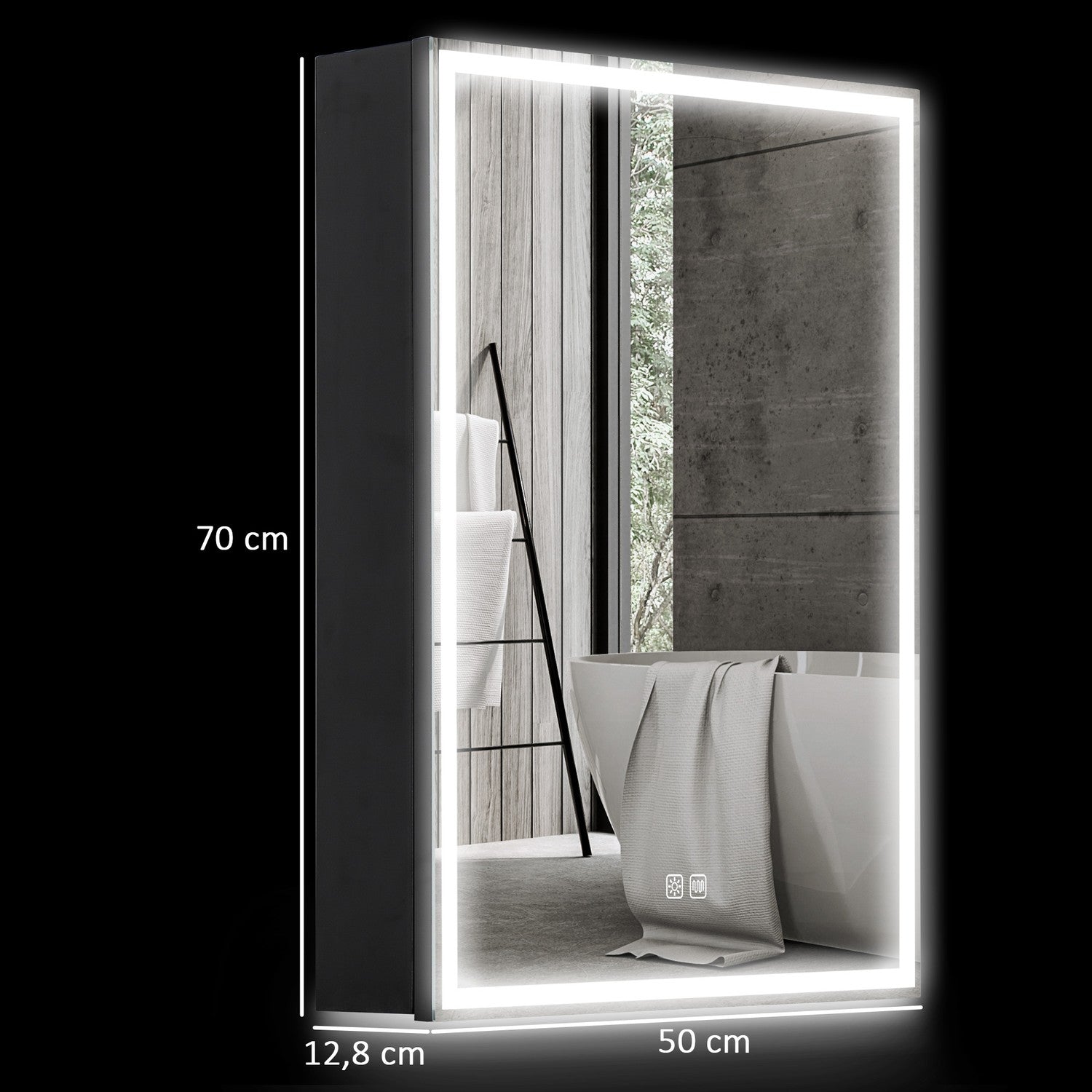 Svart LED Spegelskåp – Anti-Imma, 3 ljusfärger, 50x70 cm