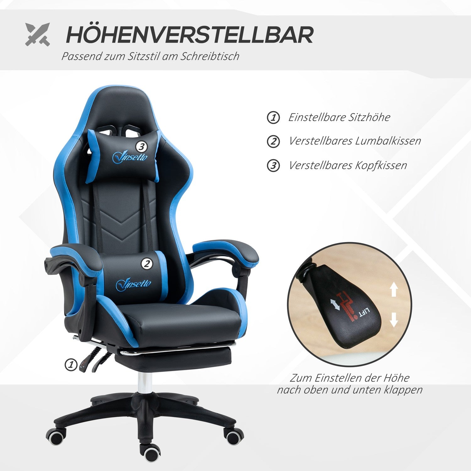 Ergonomisk spelstol med svankstöd och fotstöd
