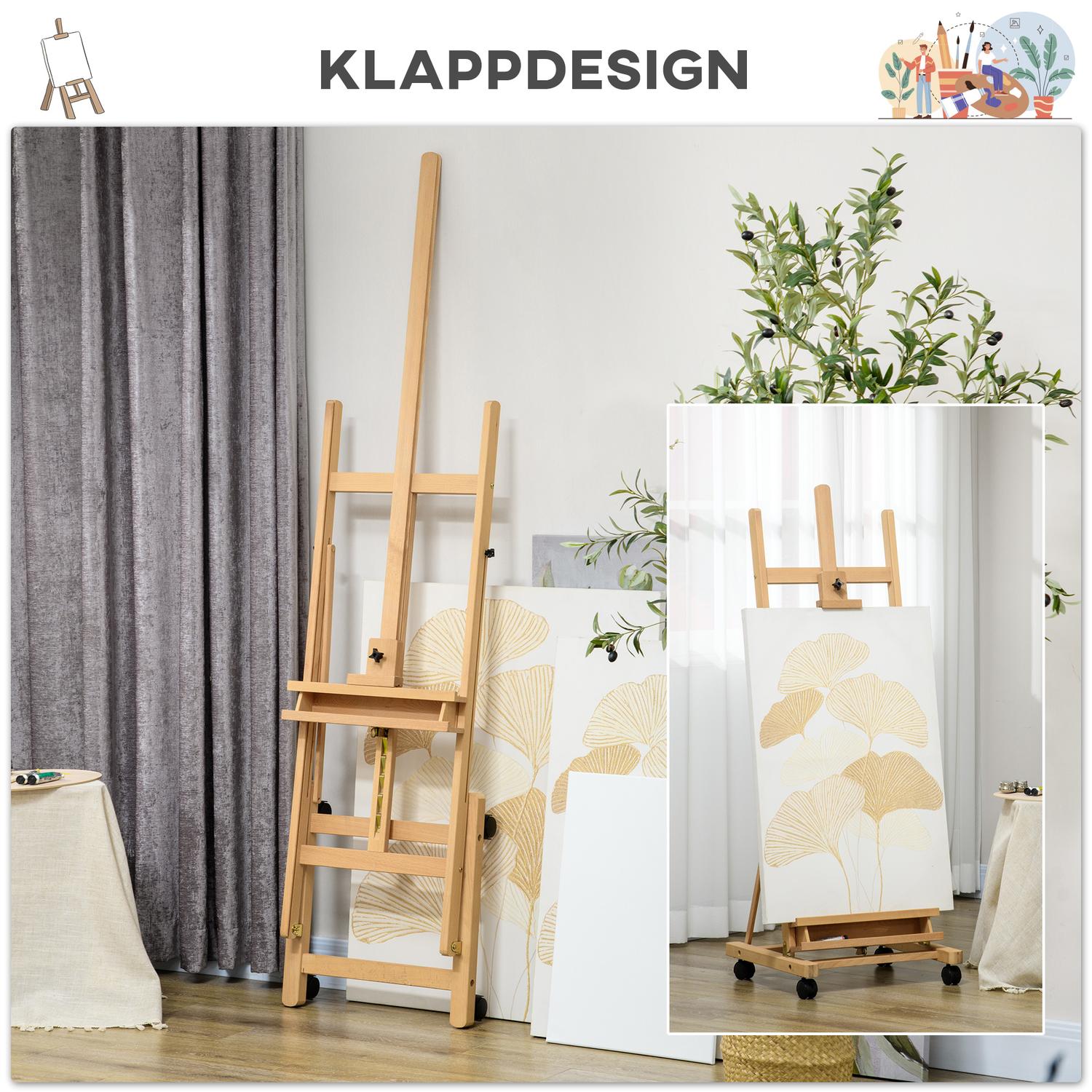 Justerbart staffli i bokträ med hjul – hopfällbart stativ i canvas