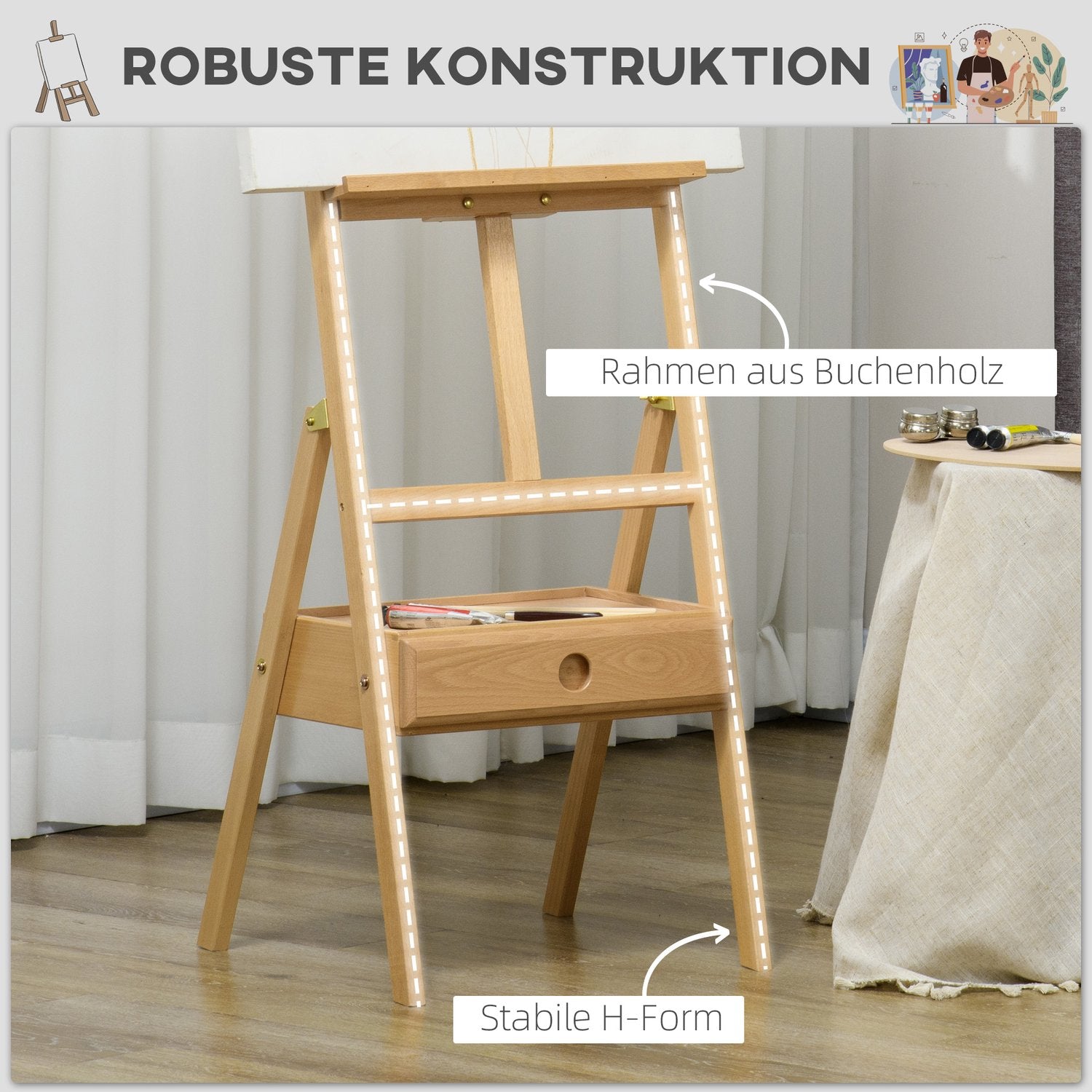 Höjdjusterbar trästafli för dukar upp till 92 cm