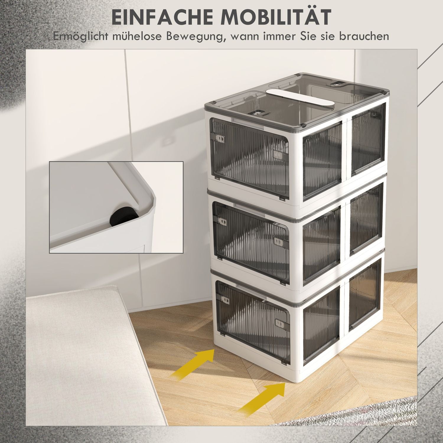 Stapelbar 69L förvaringslåda med hjul, hopfällbar, vit