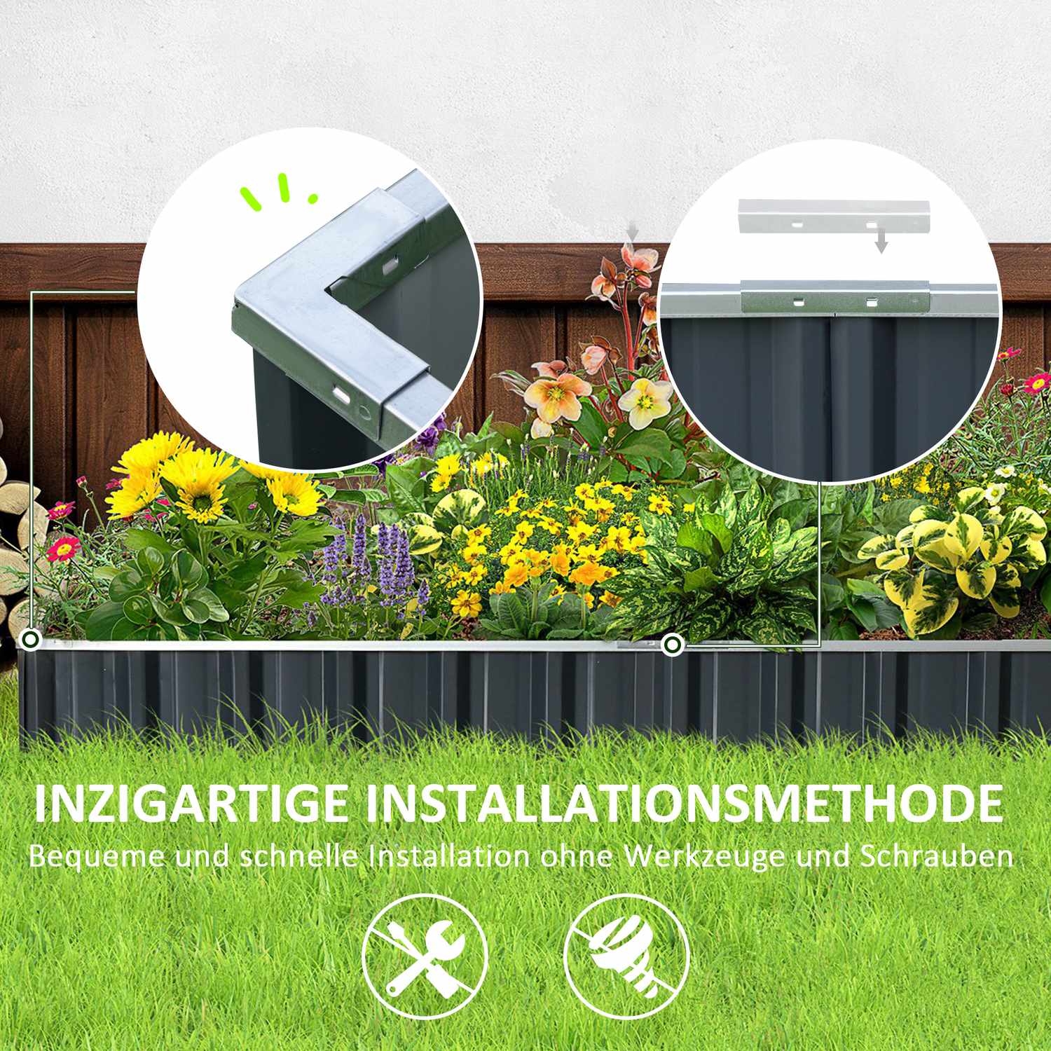 Stålupphöjd trädgårdssäng med växtskyltar och handskar