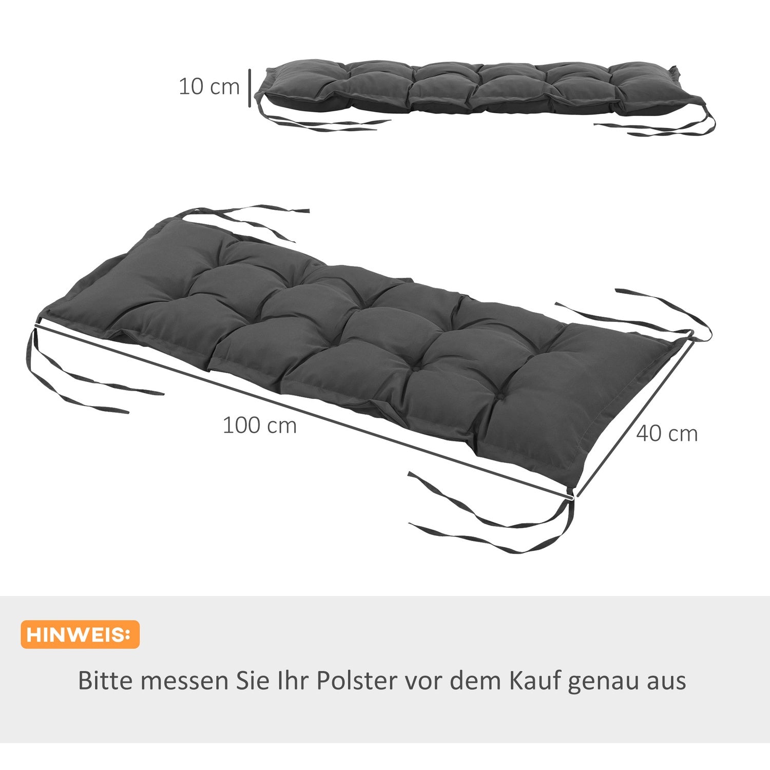 Stolsdyna med knytband, 100x40cm, tvättbar, mörkgrå