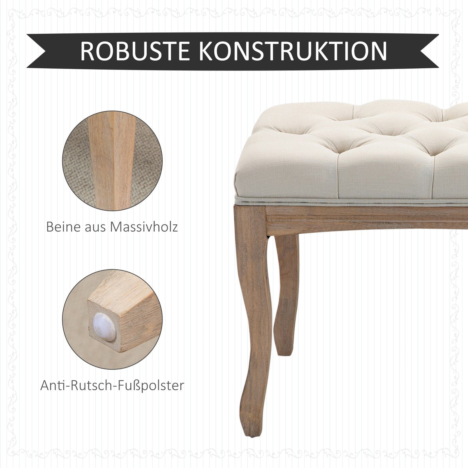 Beige stoppad gummiträbänk – vintagestil, 110x40x48Cm
