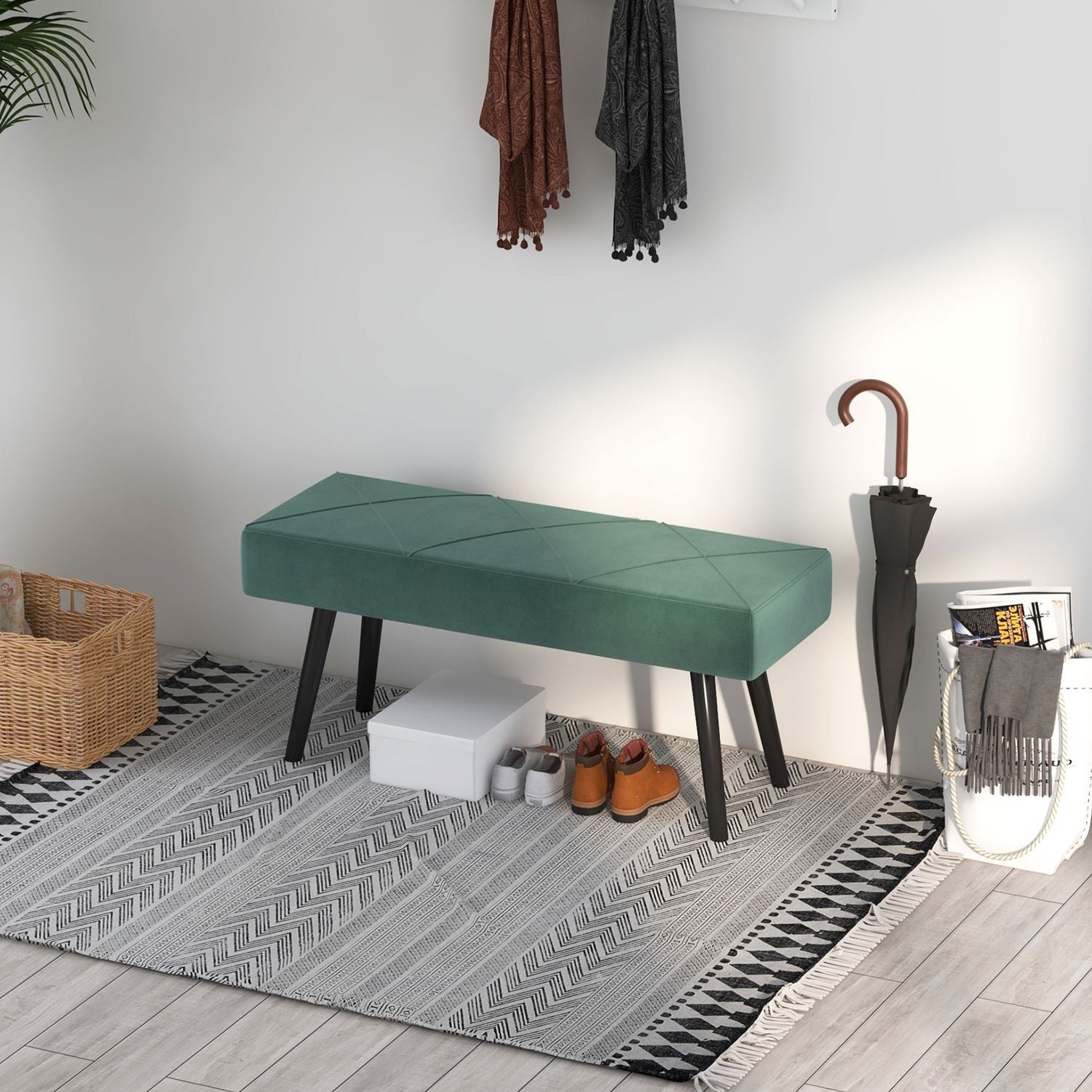 Sammetsklädd bänk, X-mönster, 100x36x45 cm, grön