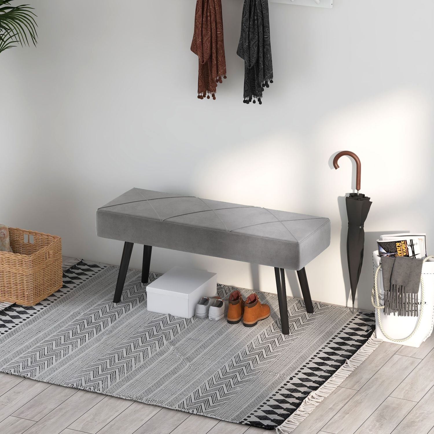 Sammetsklädd bänk – grå, 100x36x45 cm, 120 kg kapacitet
