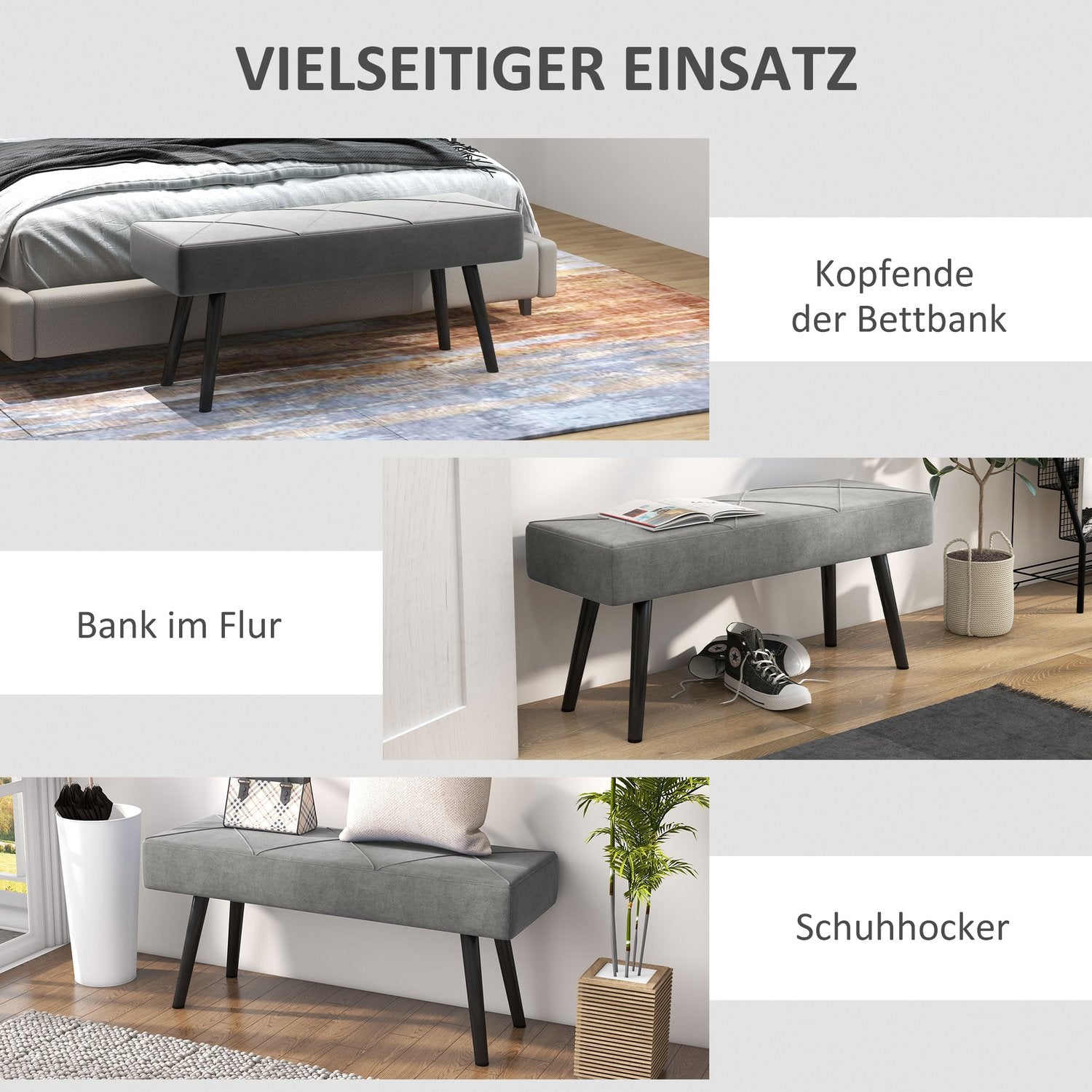 Sammetsklädd bänk – grå, 100x36x45 cm, 120 kg kapacitet