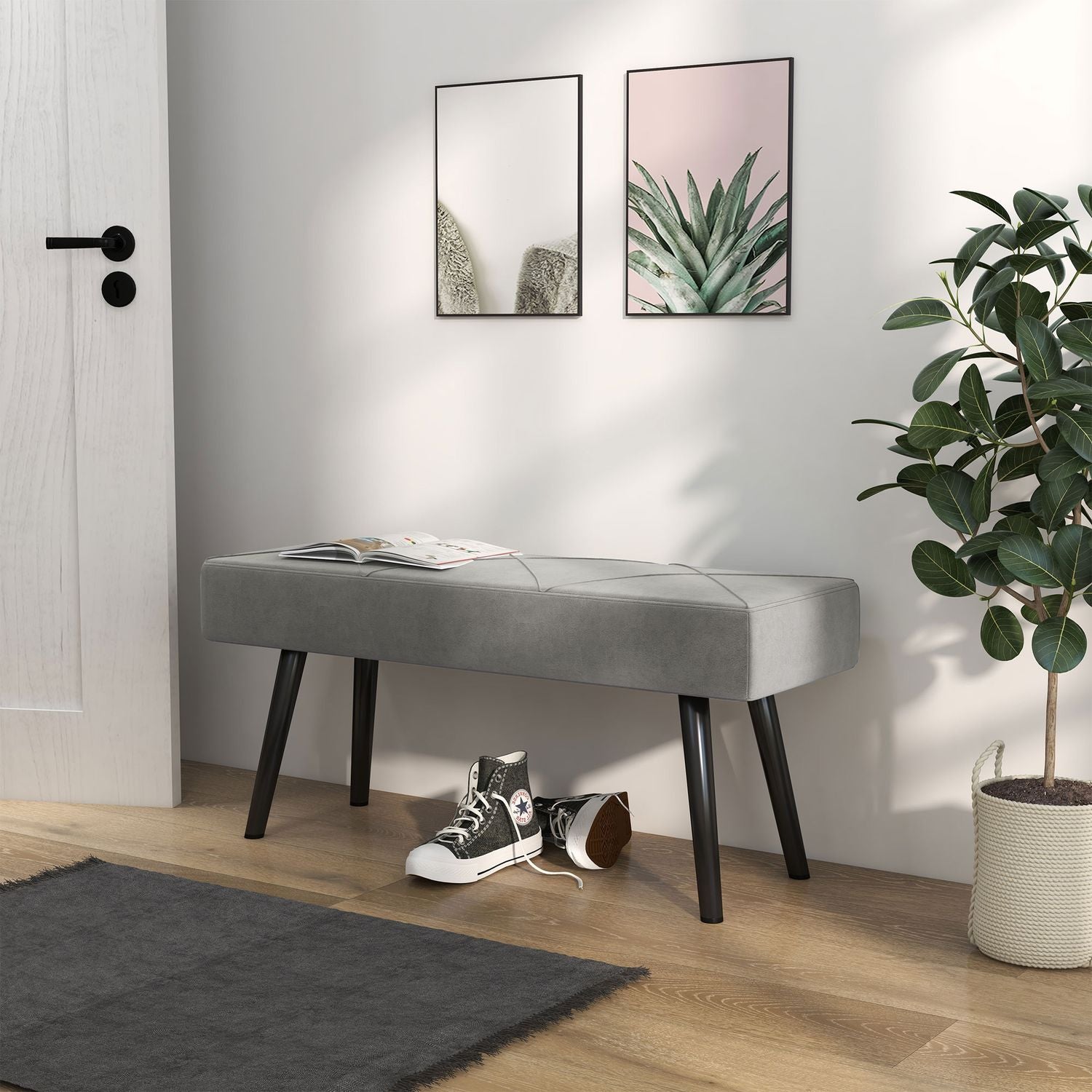 Sammetsklädd bänk – grå, 100x36x45 cm, 120 kg kapacitet