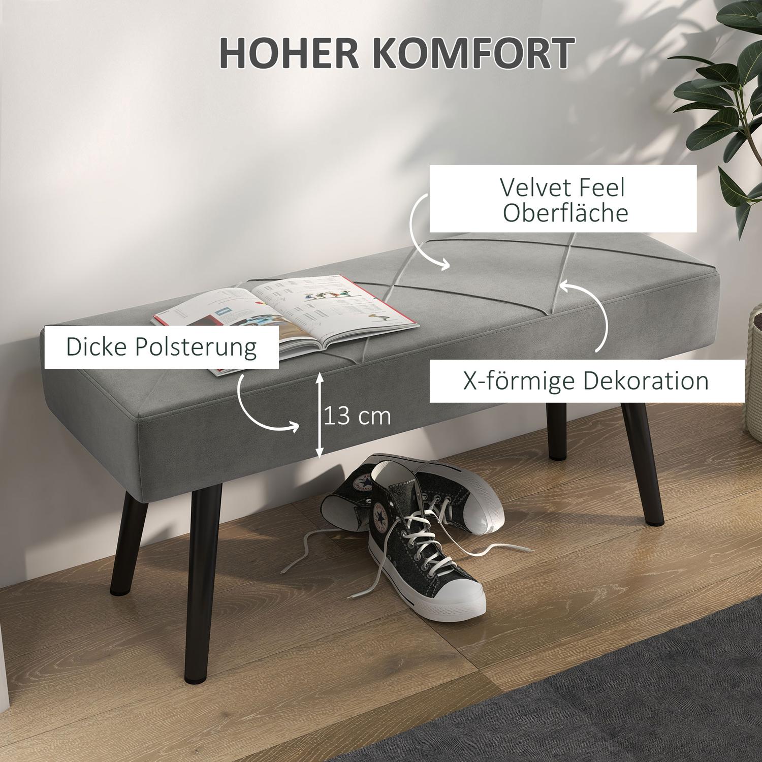 Sammetsklädd bänk – grå, 100x36x45 cm, 120 kg kapacitet