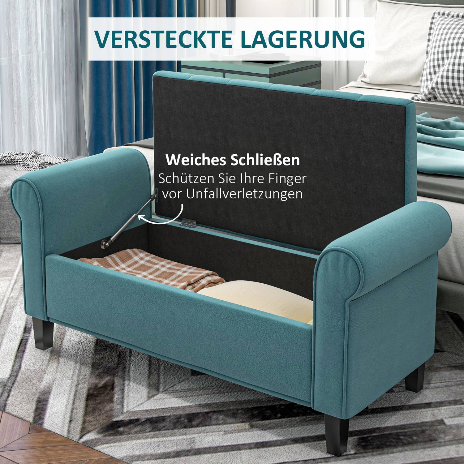 Förvaringsbänk i grön sammet, kapacitet 120 kg, 126x48,5x47 cm