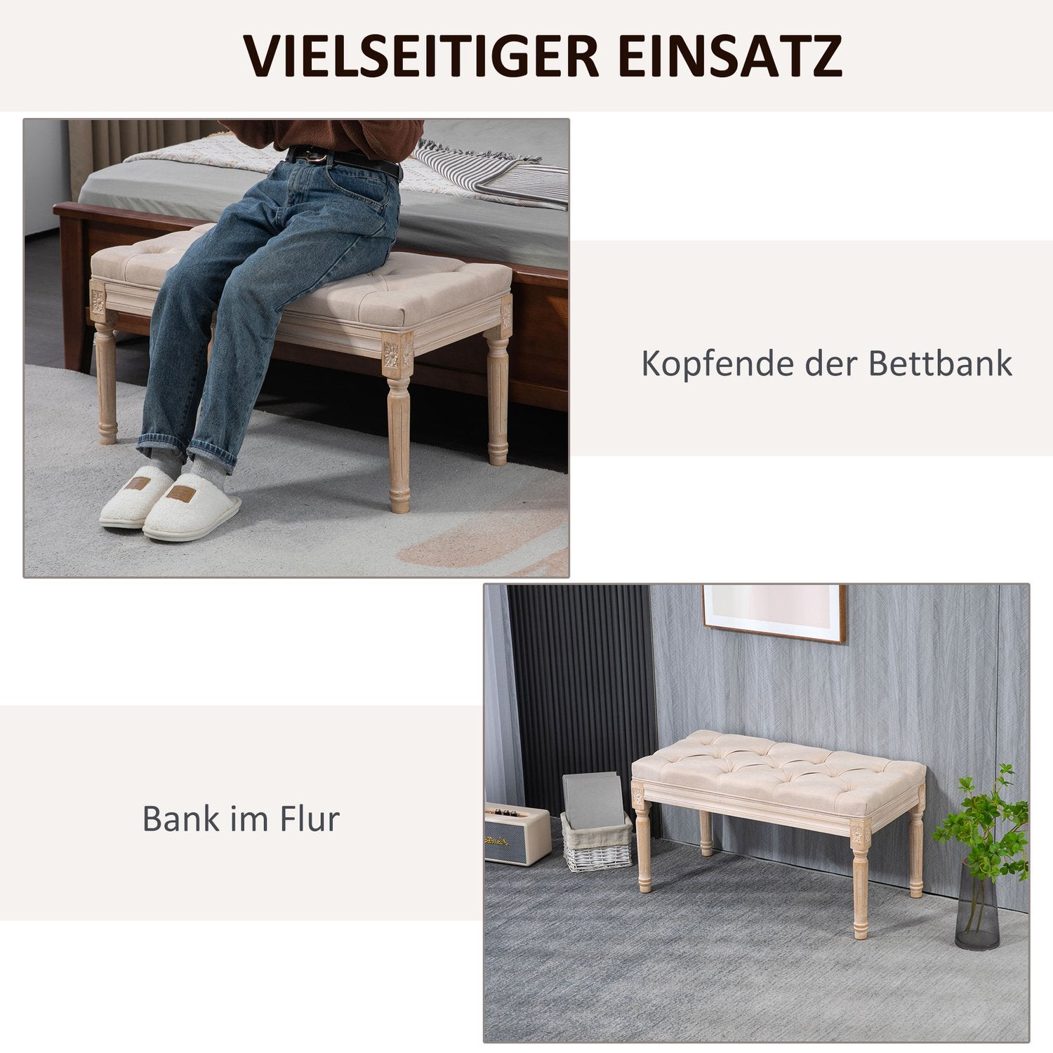 Klädd vintagebänk, linnebeige, 120 kg kapacitet