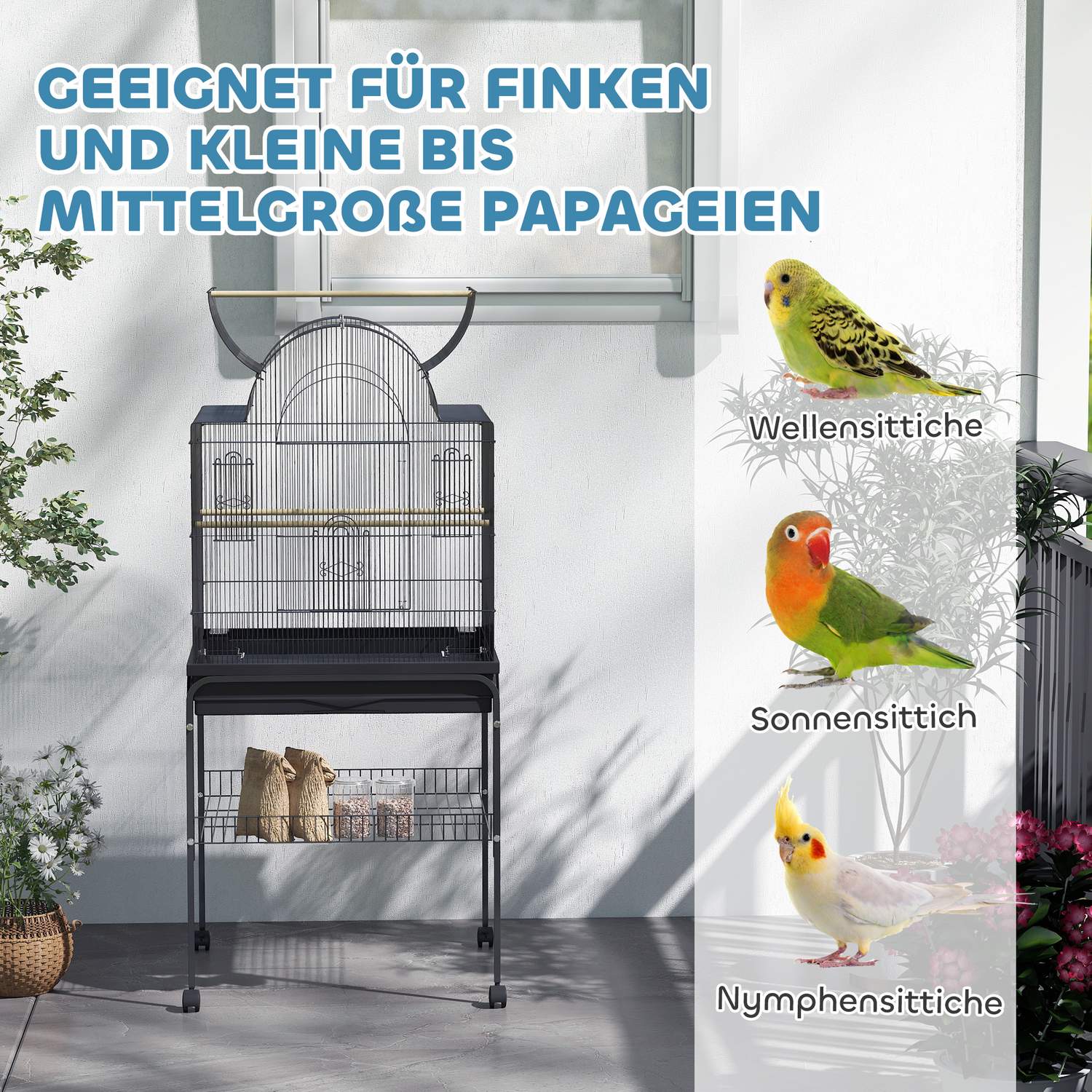 Stor fågelbur i stål, med hjul och matningsstation