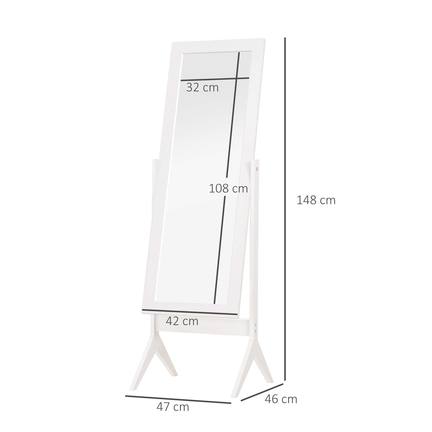 Hög hellängdsspegel med stativ, MDF, vit, 47x46x148cm