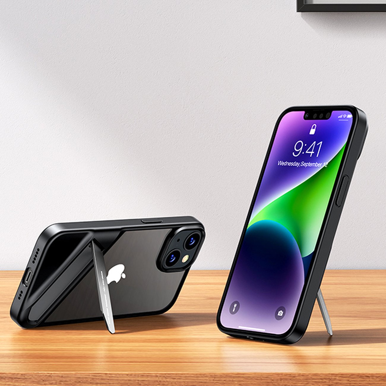 Styvt fodral med gelram och inbyggt ställ för iPhone 14 Plus svart