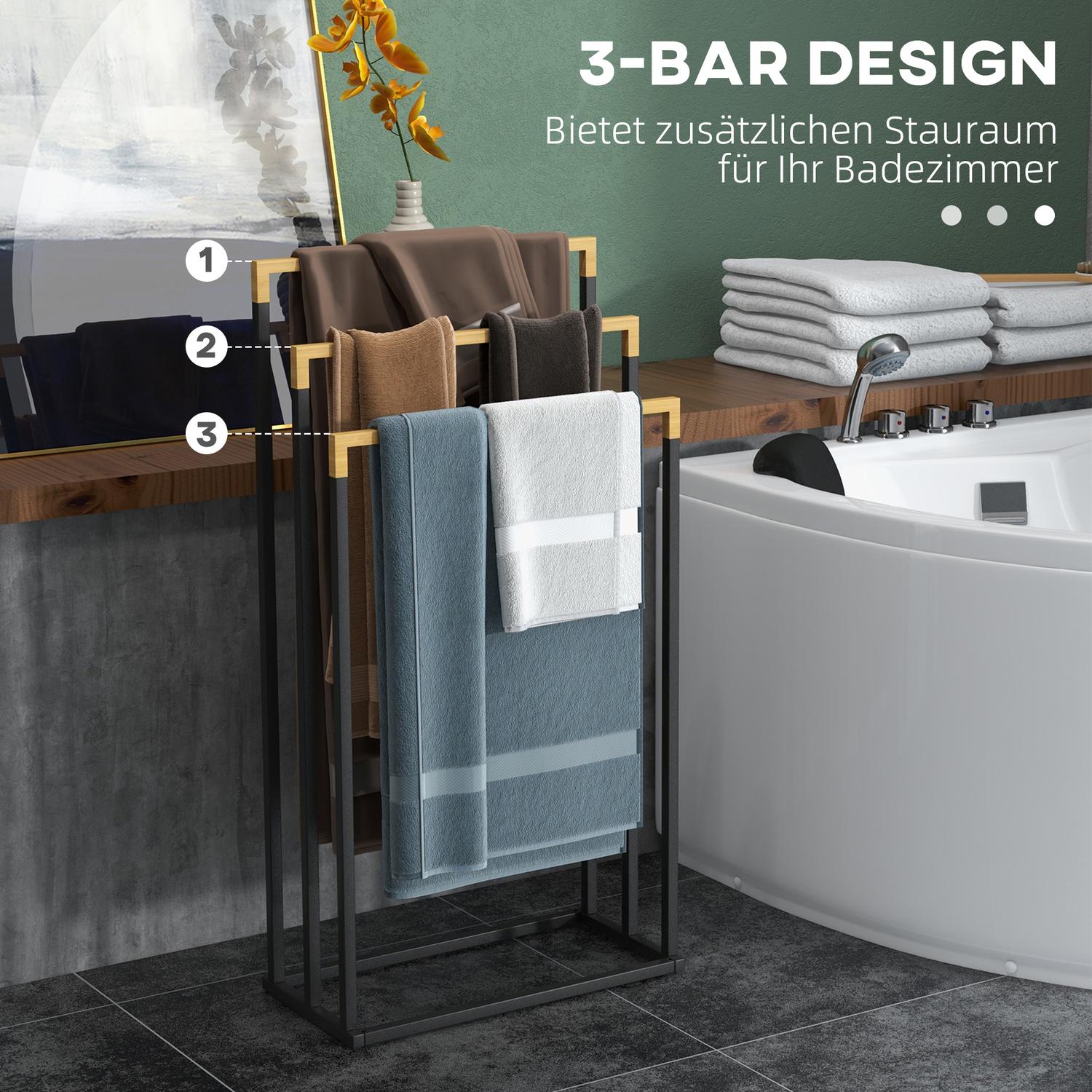 Svart 3-bars handduksställ – stål- och bambuhållare