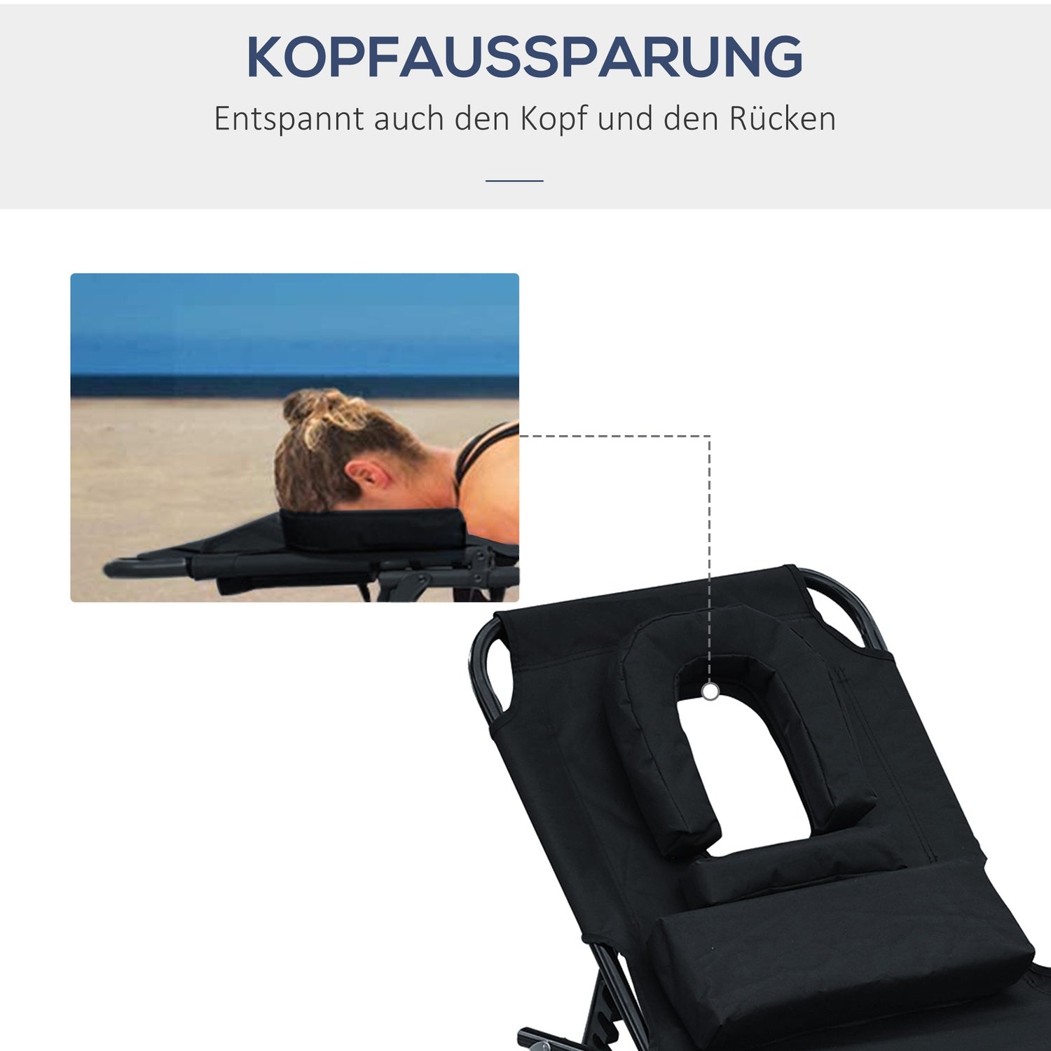 Svart solstol med ansiktsöppning för avkoppling