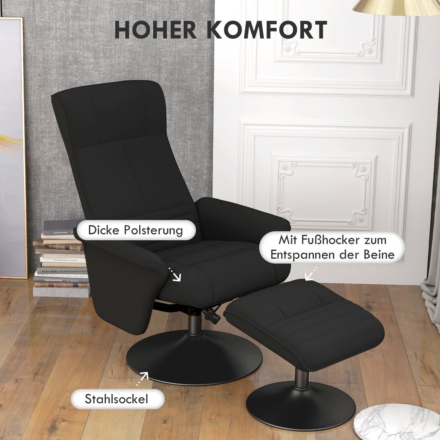 Svart vilstol i mikrofiber med pall, 150 kg Kapacitet