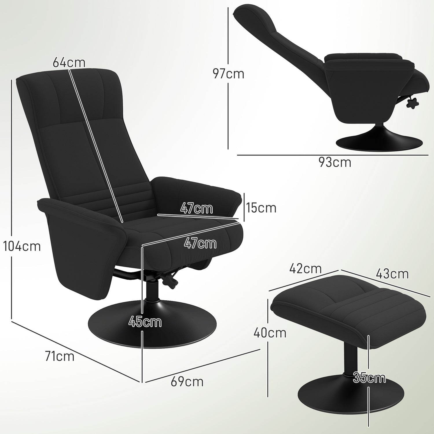 Svart vilstol i mikrofiber med pall, 150 kg Kapacitet