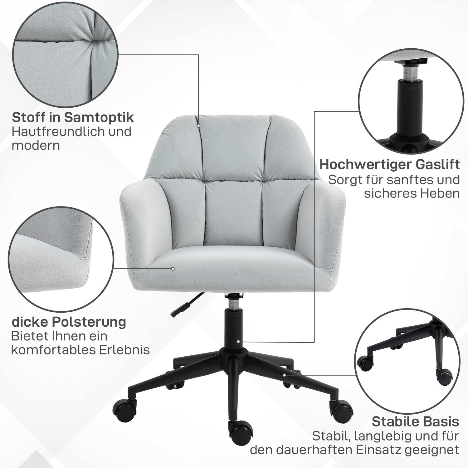 Höjdjusterbar sammetsbordsstol – ljusgrå, 120 kg kapacitet