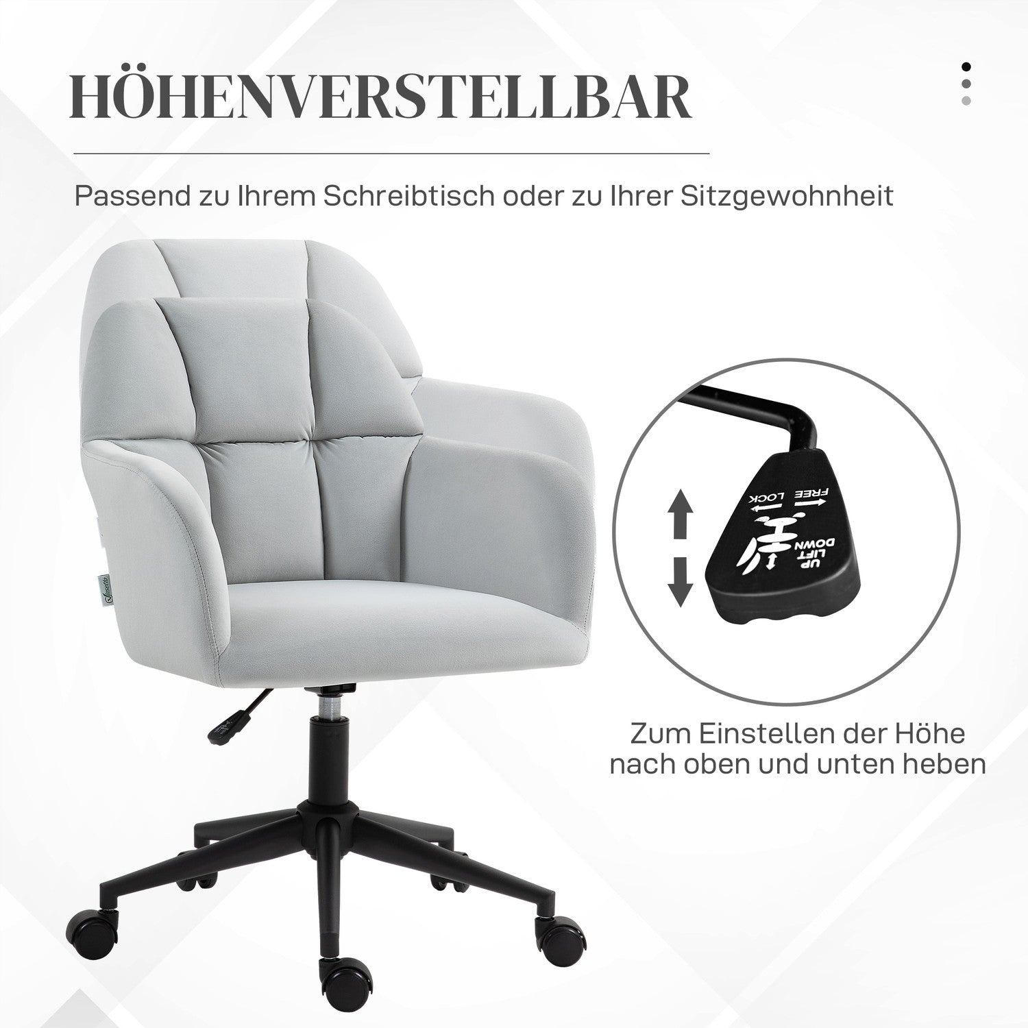 Höjdjusterbar sammetsbordsstol – ljusgrå, 120 kg kapacitet