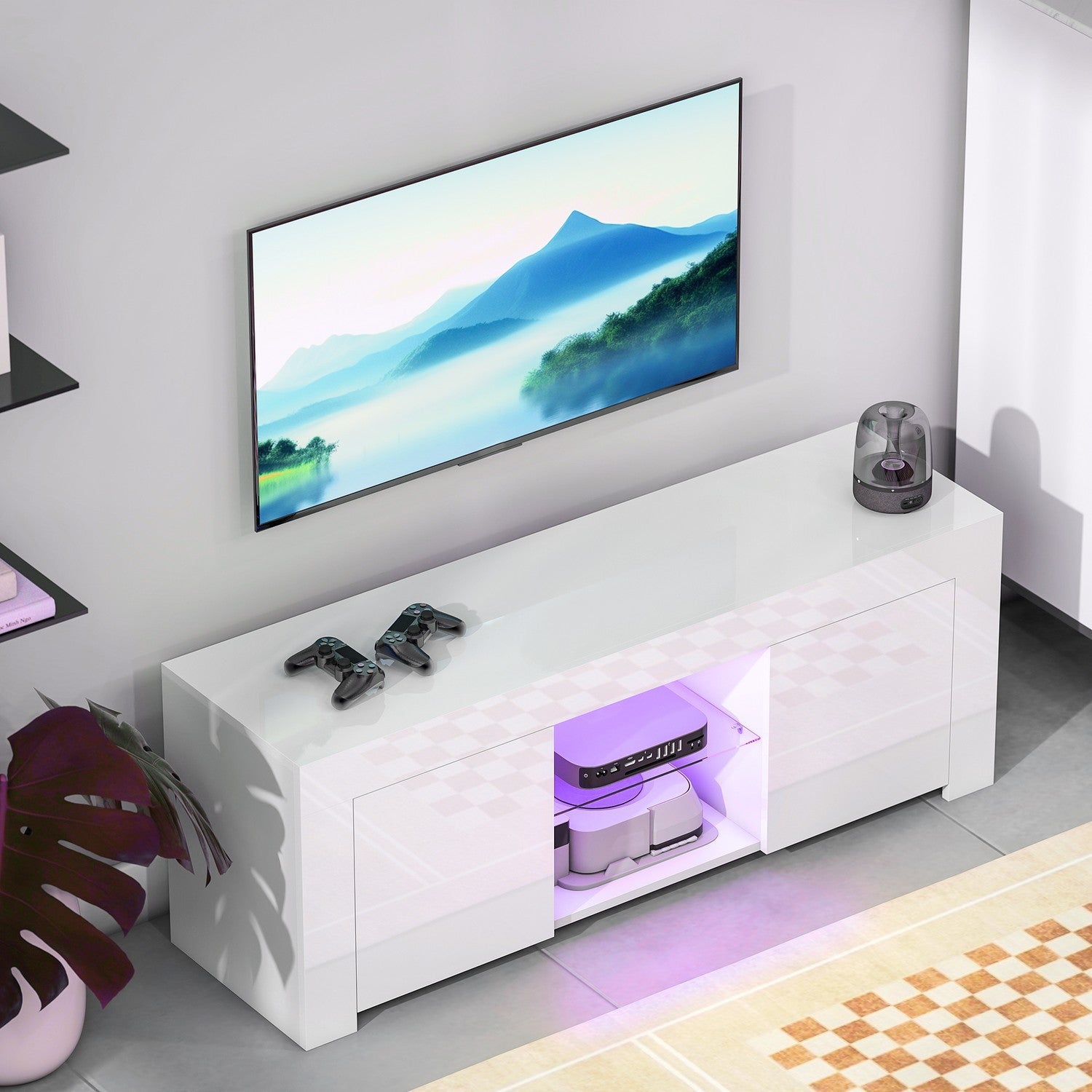 TV-bänk med RGB LED-lampor, blank vit finish