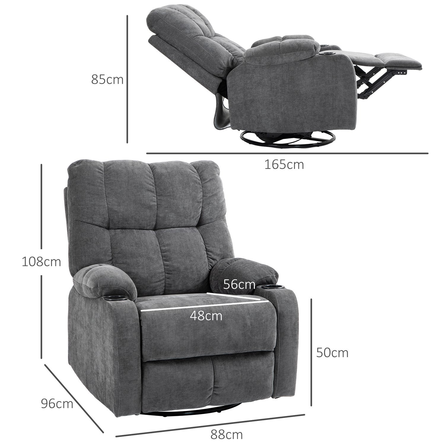 Liggande TV-fåtölj, 360° vridbar, mörkgrå, 88x96x108cm