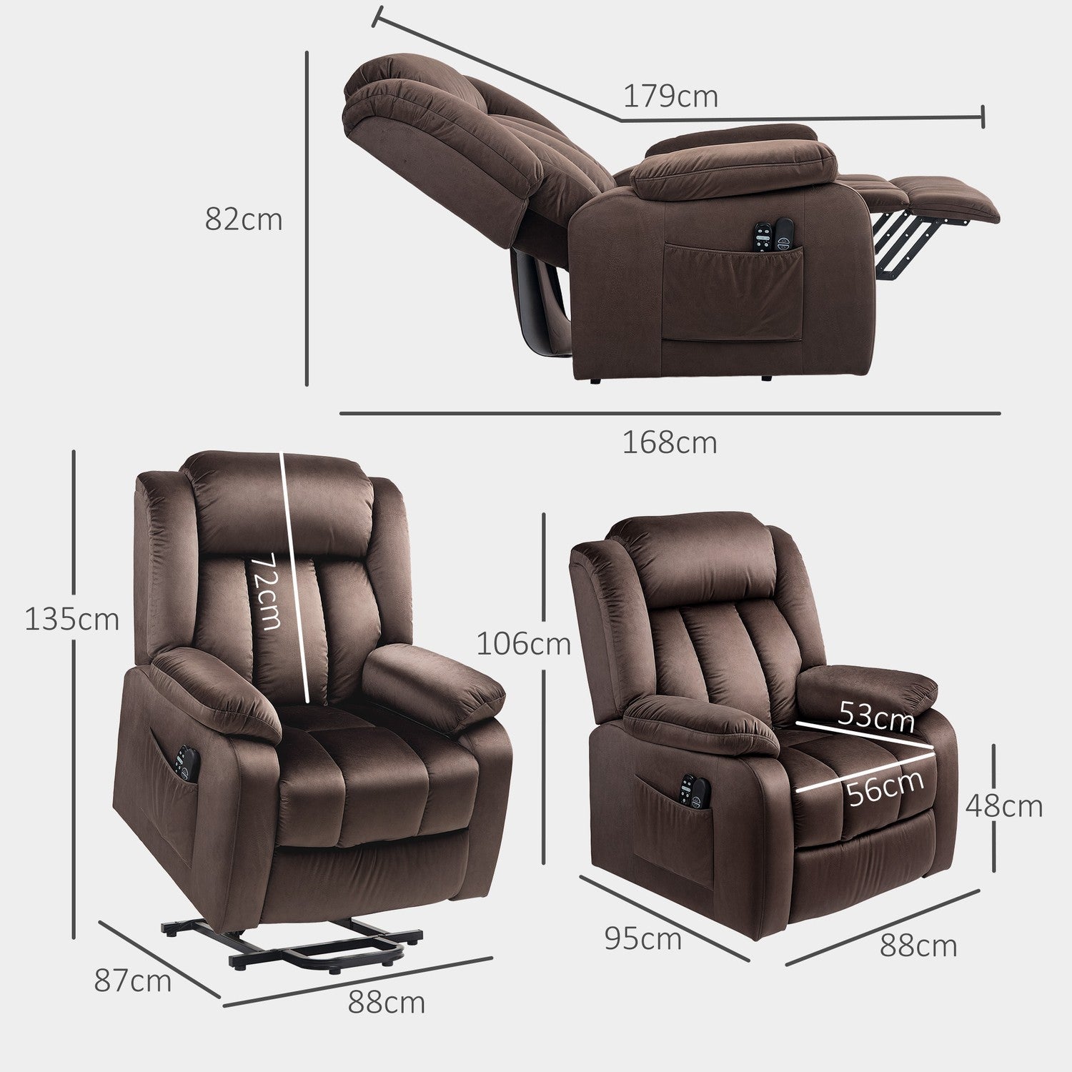 Elektrisk vilstol TV-stol med massage och värme, brun