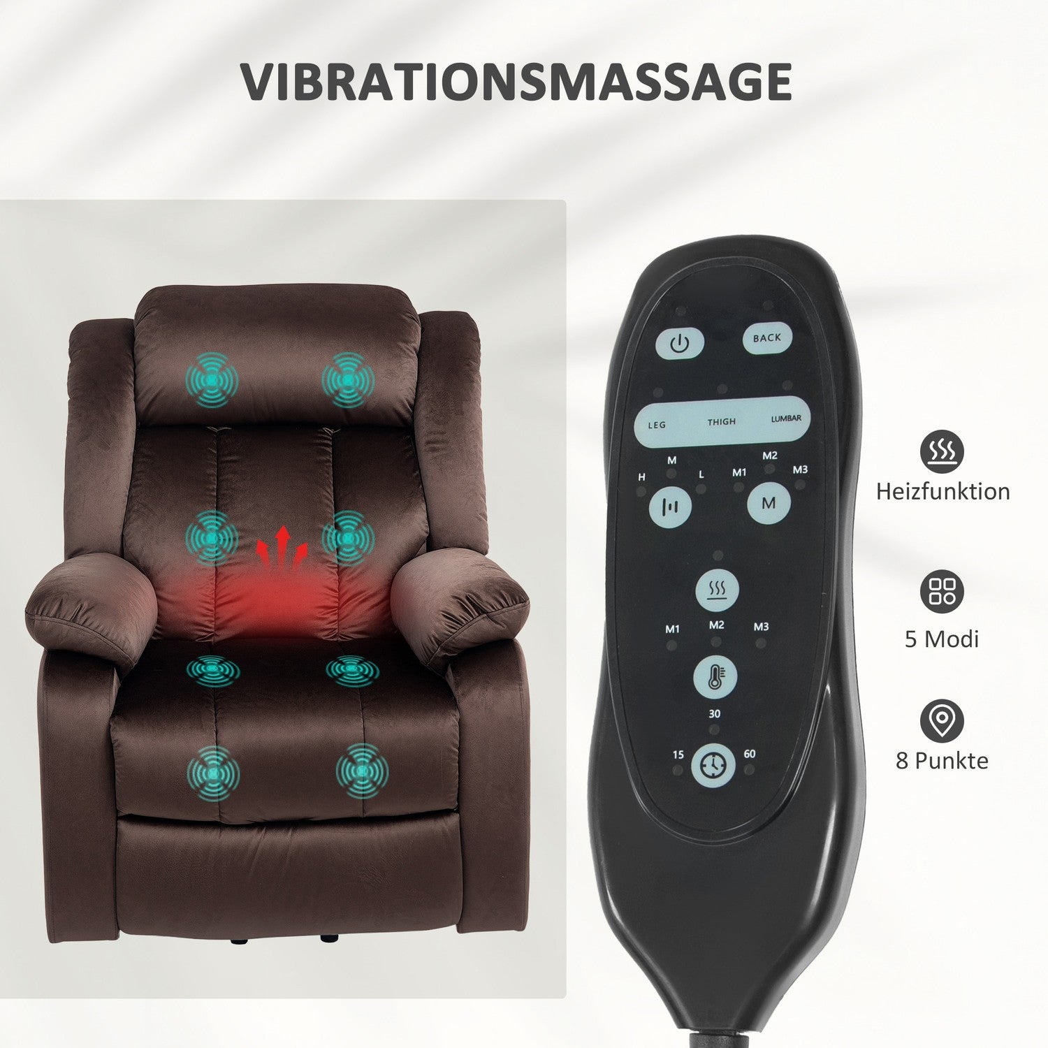 Elektrisk vilstol TV-stol med massage och värme, brun