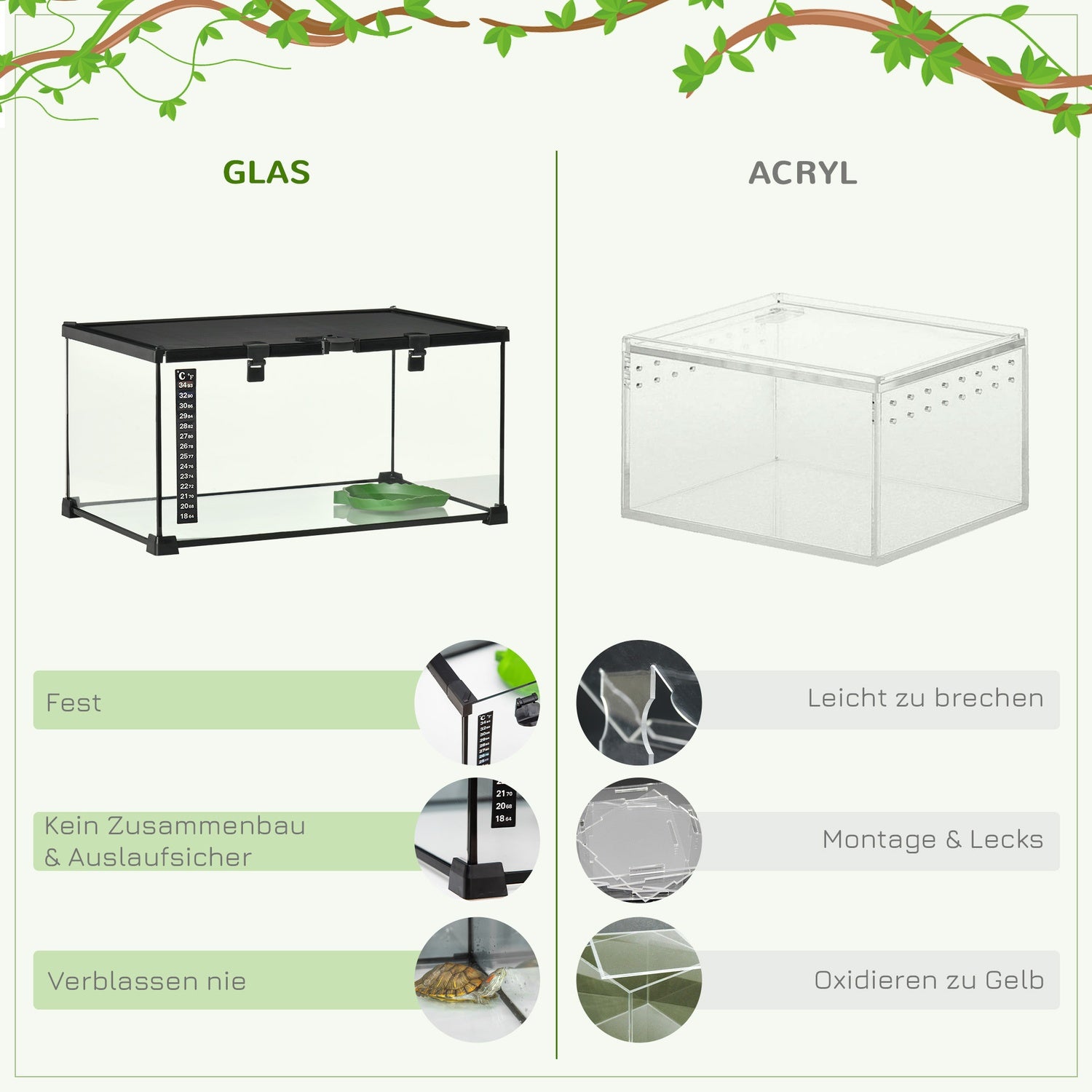 Reptilterrarium i glas med termometer, 50x30x25 cm