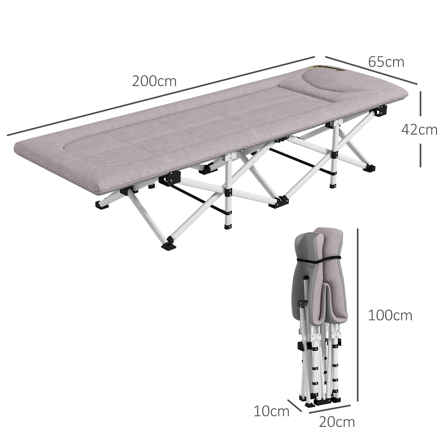 Hopfällbar tältsäng, Oxford Grey – 200 kg Kapacitet, 200x65x42cm