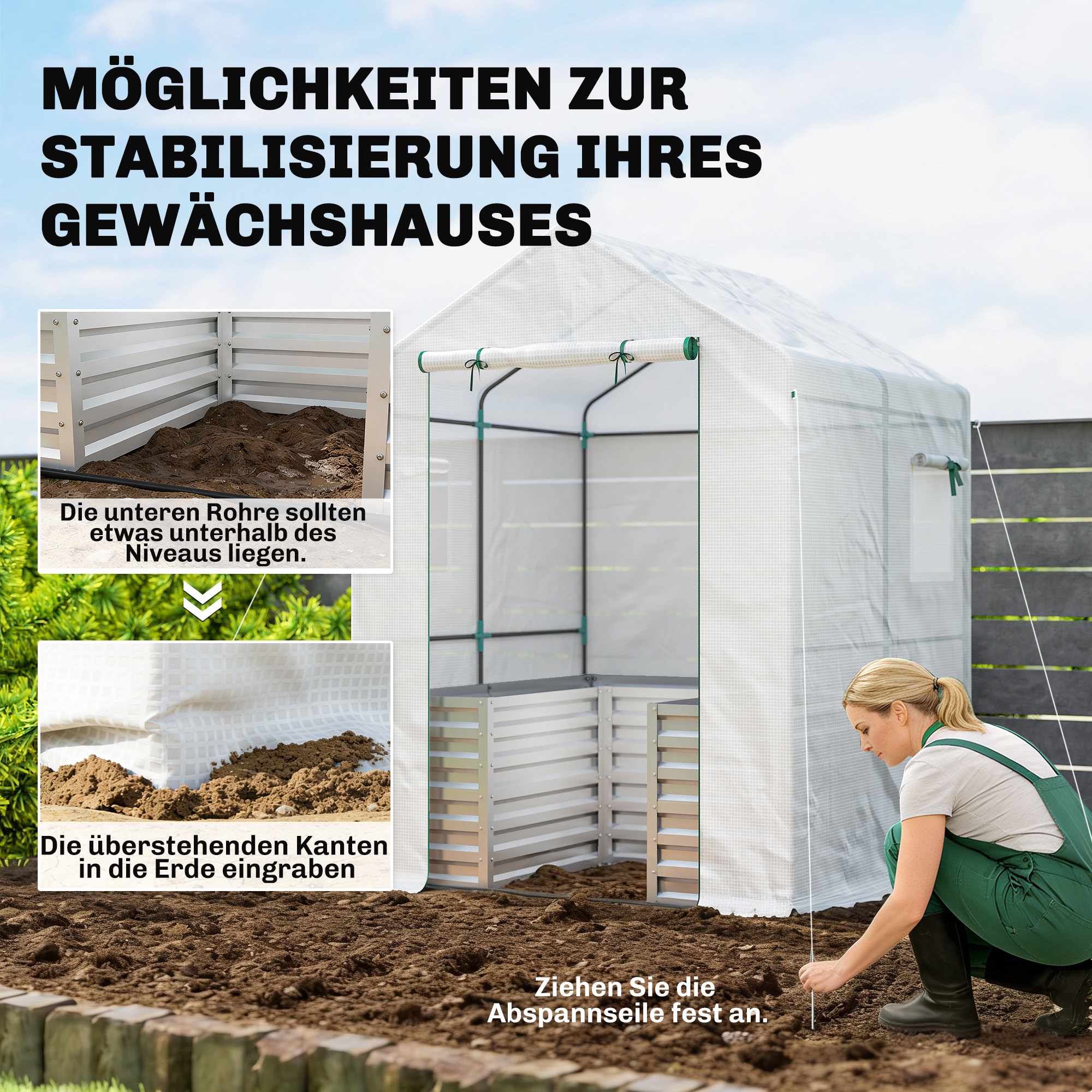 Tomatväxthus med upphöjd bädd, rulldörr, 141x141x190 cm