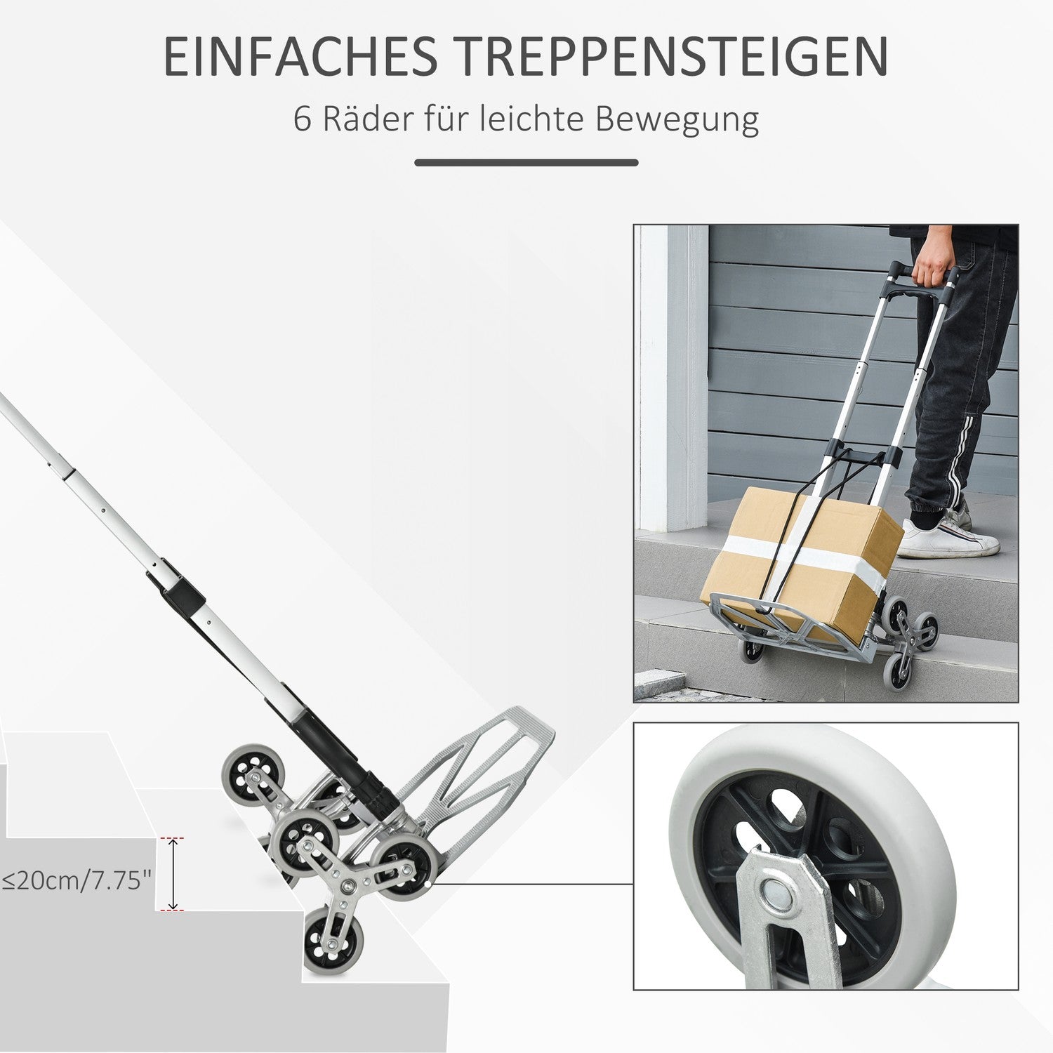 Fällbar trappklättrare i aluminium med 6 hjul, 70 kg kapacitet
