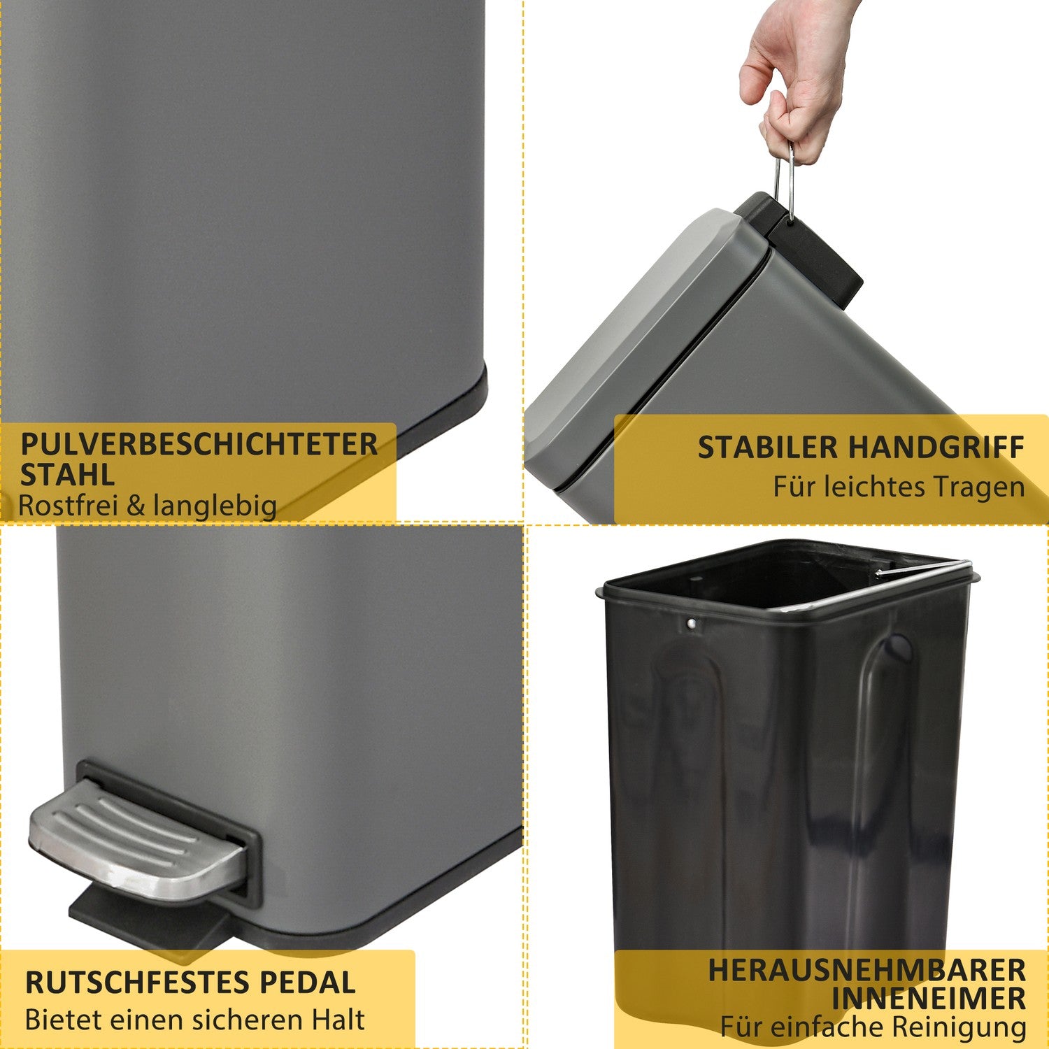 Trash Can Pedal Bin 5L Med lock och Inner Bin, Grå