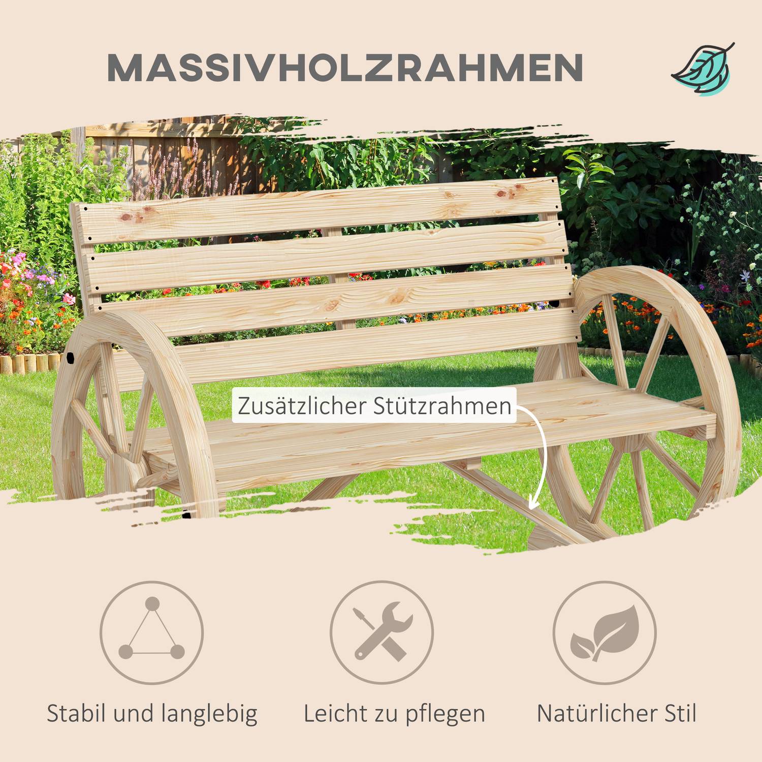 Trädgårdsbänk, 2-sits, vagnhjuldesign