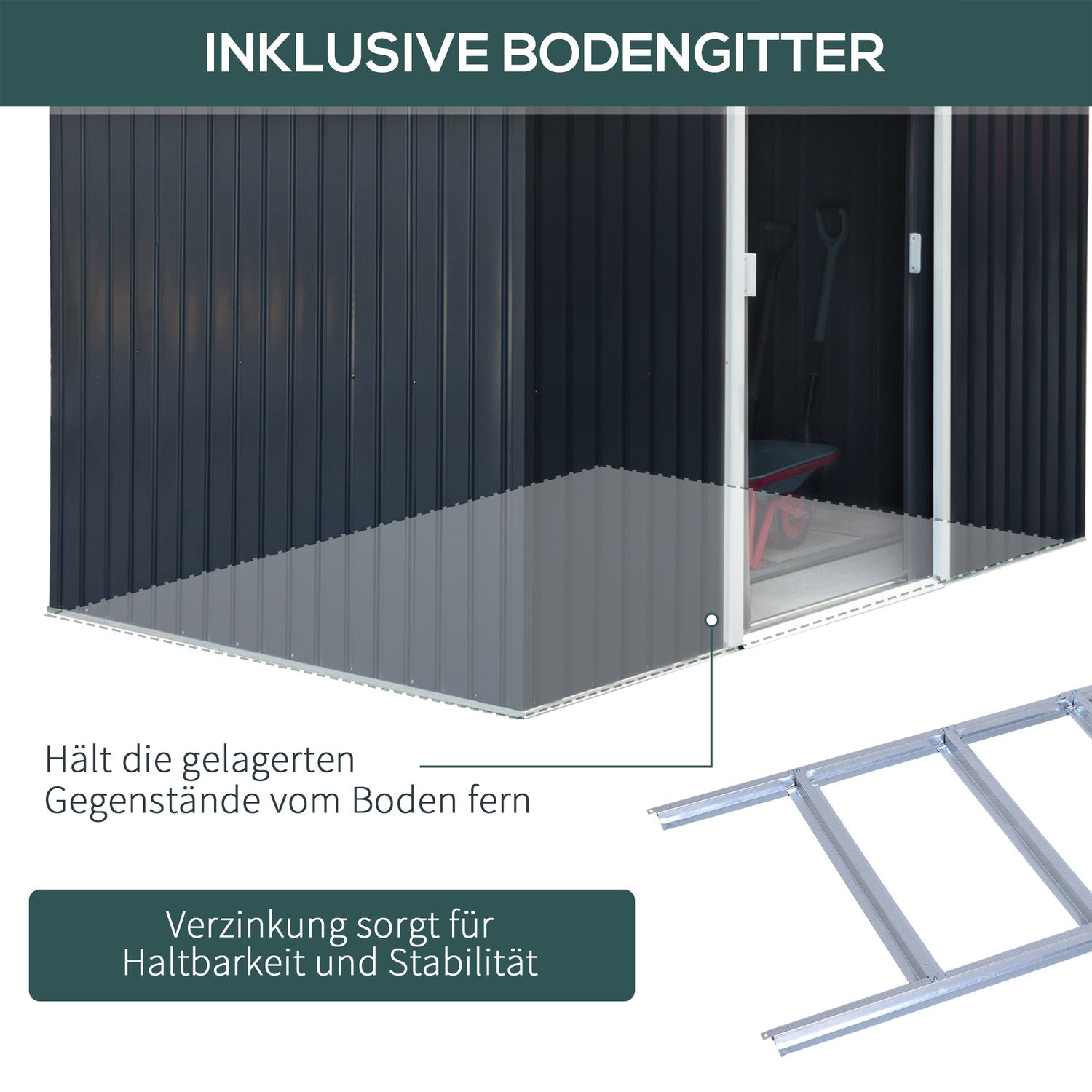 Trädgårdsbod i kolgrå stål med golv och skjutdörrar