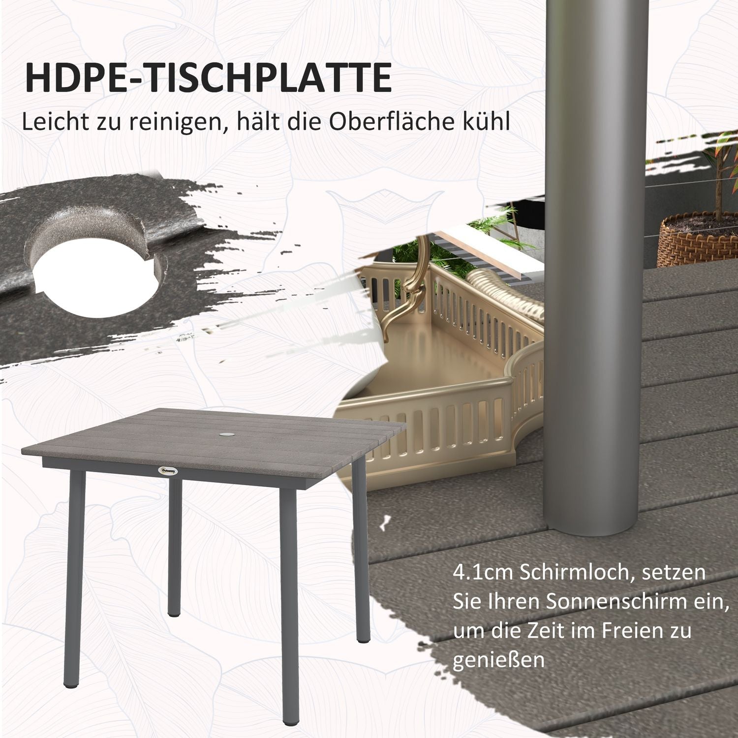 Uteplatsmatbord för 4, HDPE-ribbad, mörkgrå, 90x90x75 cm