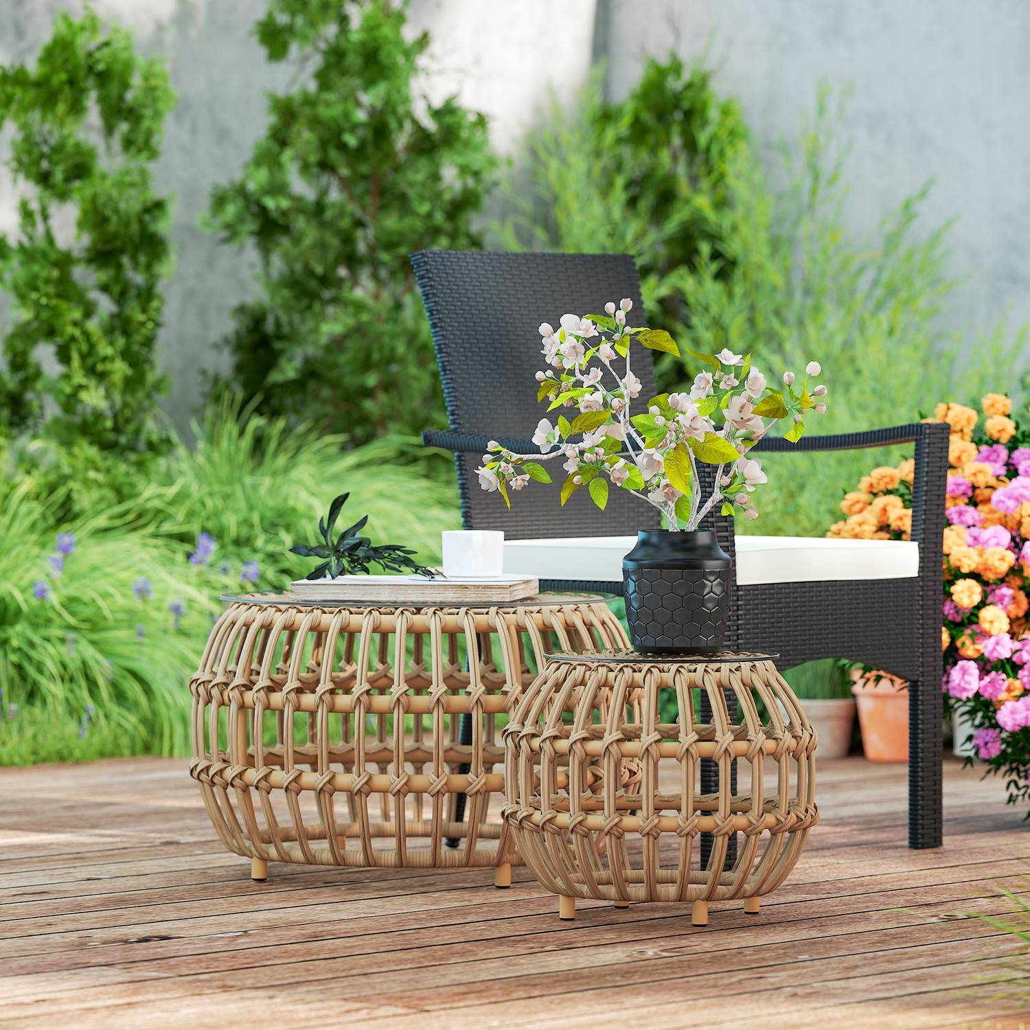 Trädgårdsbord i polyrattan, rund, väderbeständig