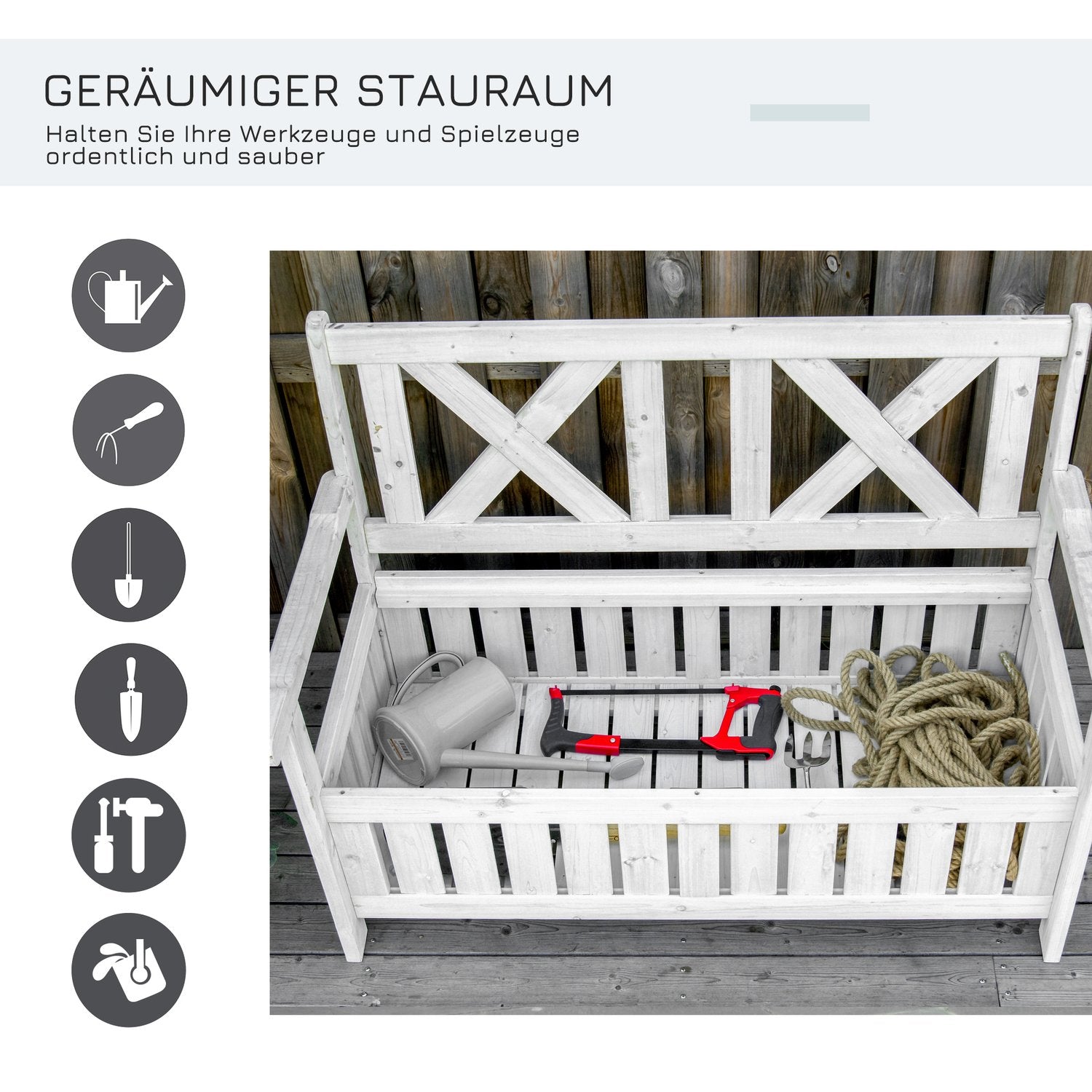 Trädgårdsförvaringsbänk, 2-sits med dyna, vit 115 cm