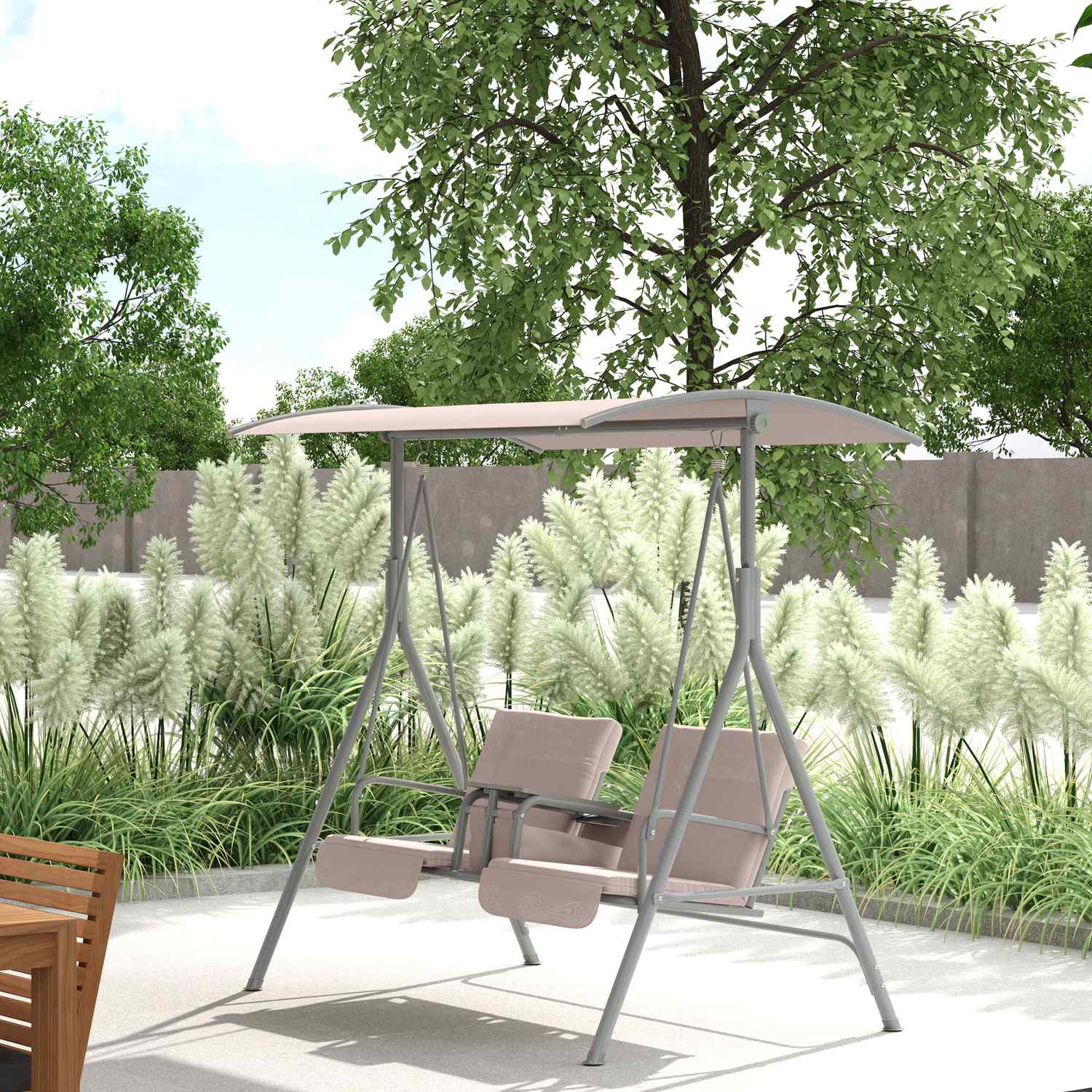 Trädgårdsgunga med kapell, mugghållare & ficka – Beige