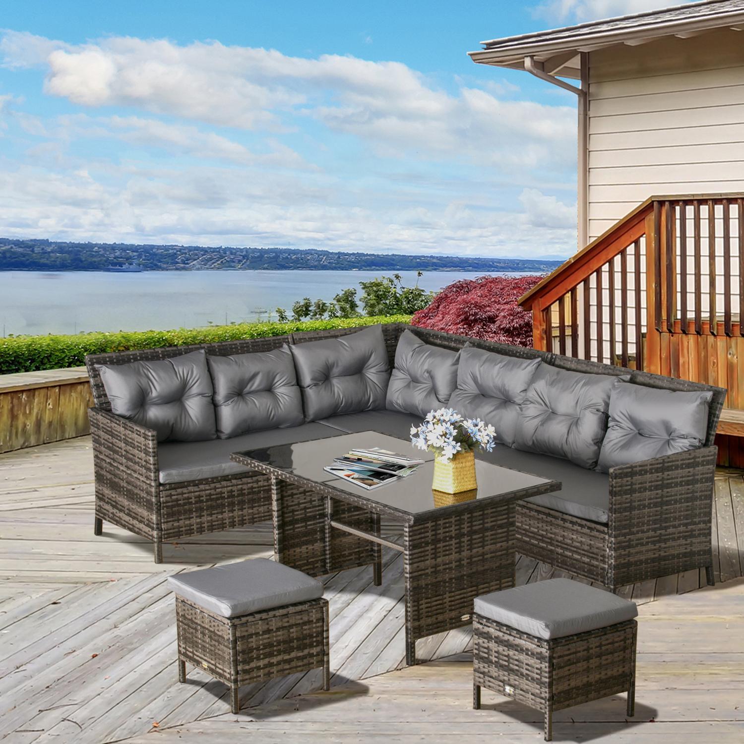 Grå Polyrottan Outdoor Lounge Set med kuddar