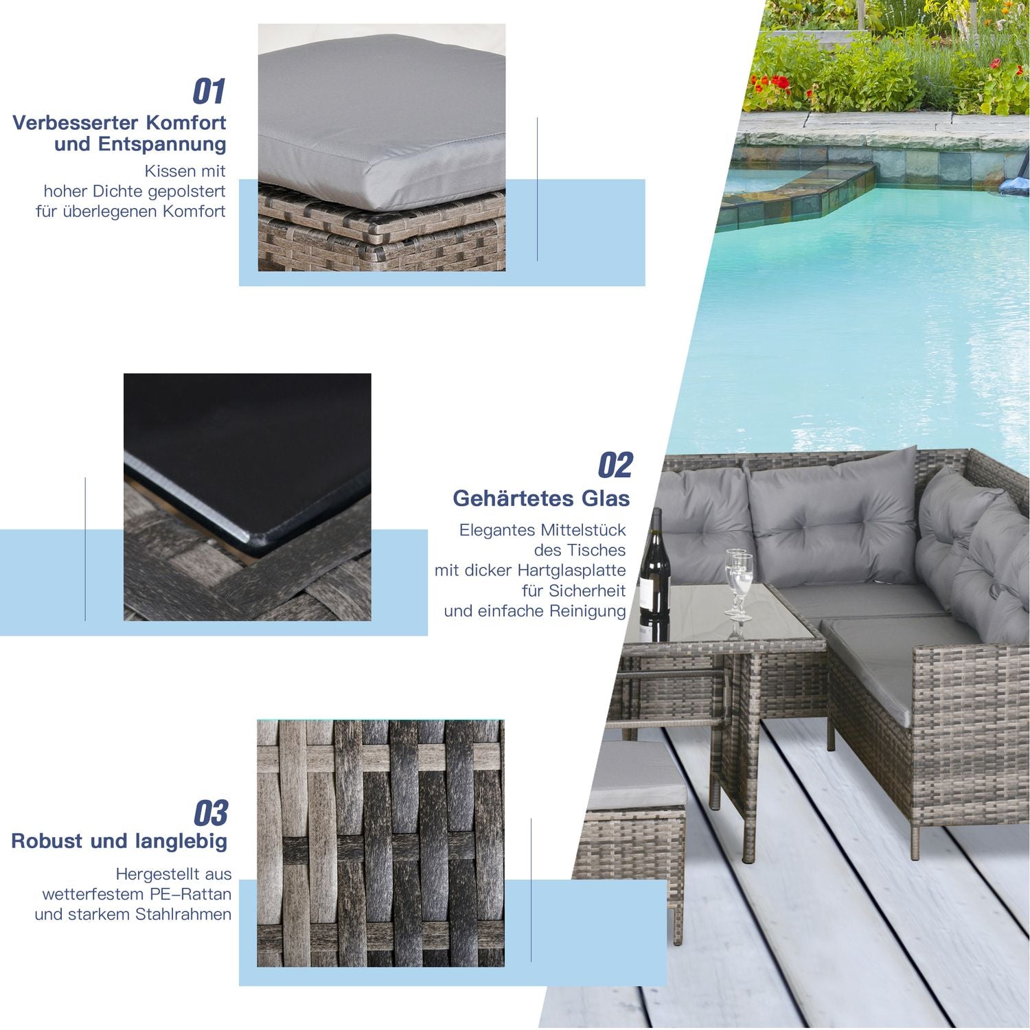 Grå Polyrottan Outdoor Lounge Set med kuddar