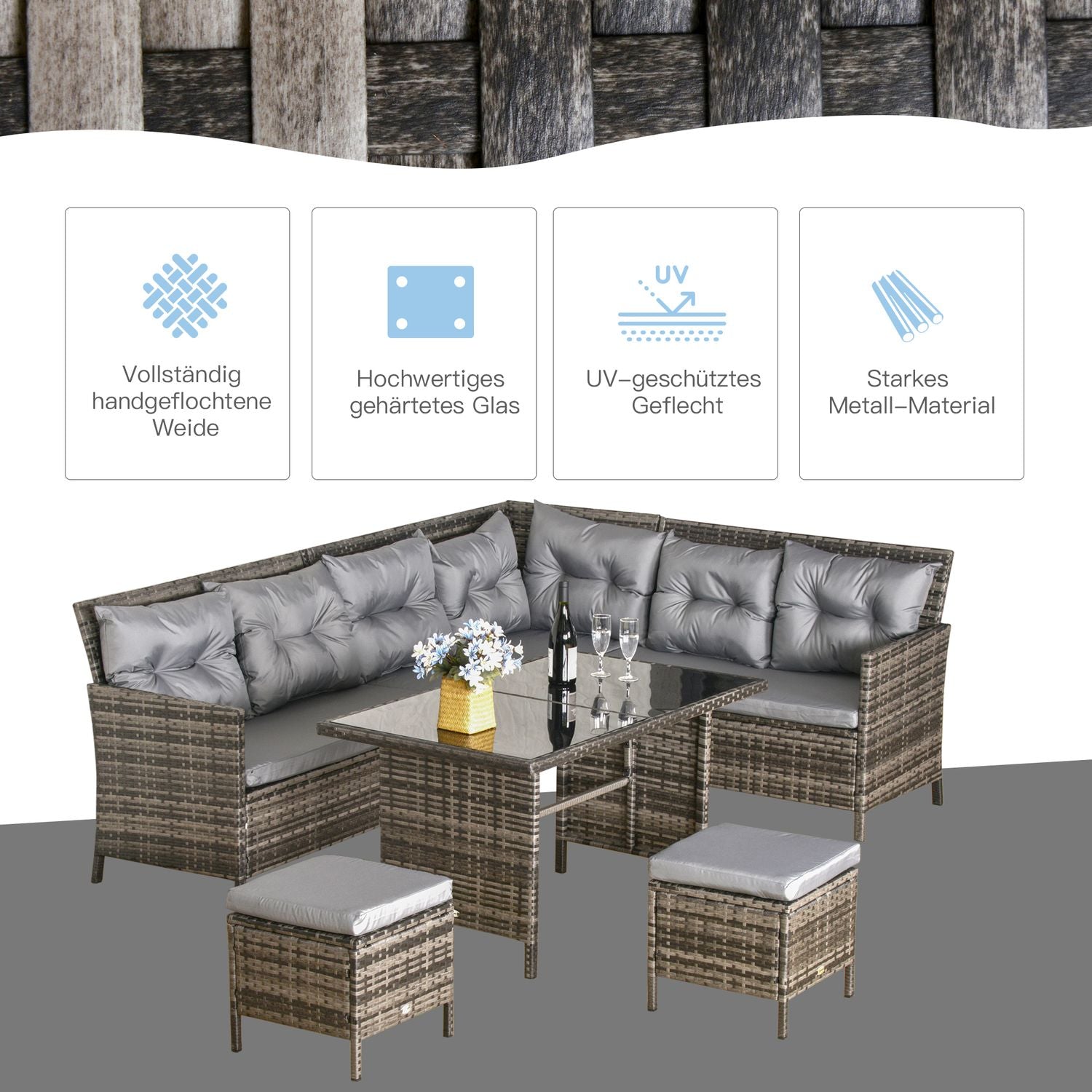 Grå Polyrottan Outdoor Lounge Set med kuddar