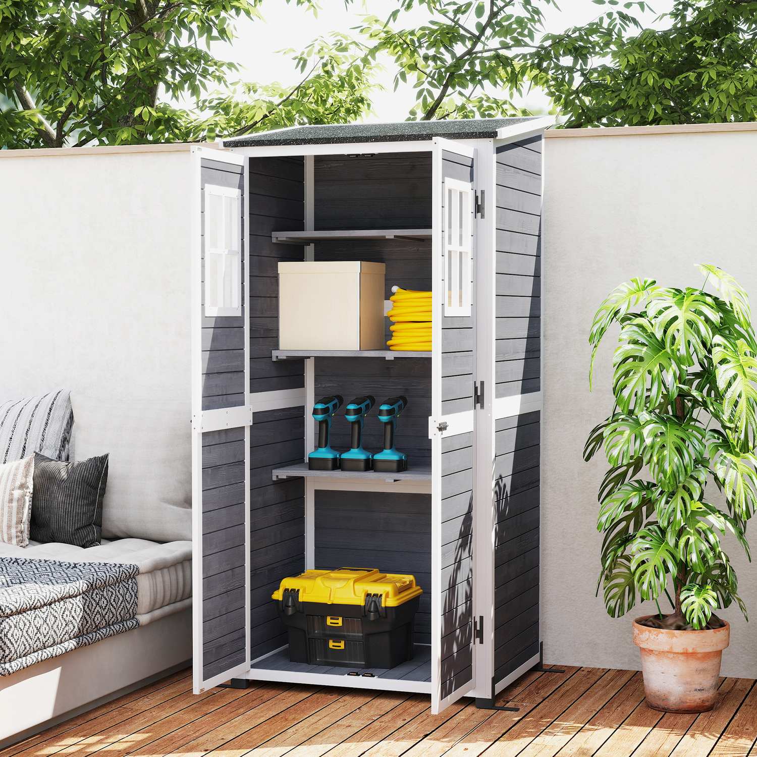 Trädgårdsredskapsskjul i trä, väderbeständig, låsbar, 91x69x192cm