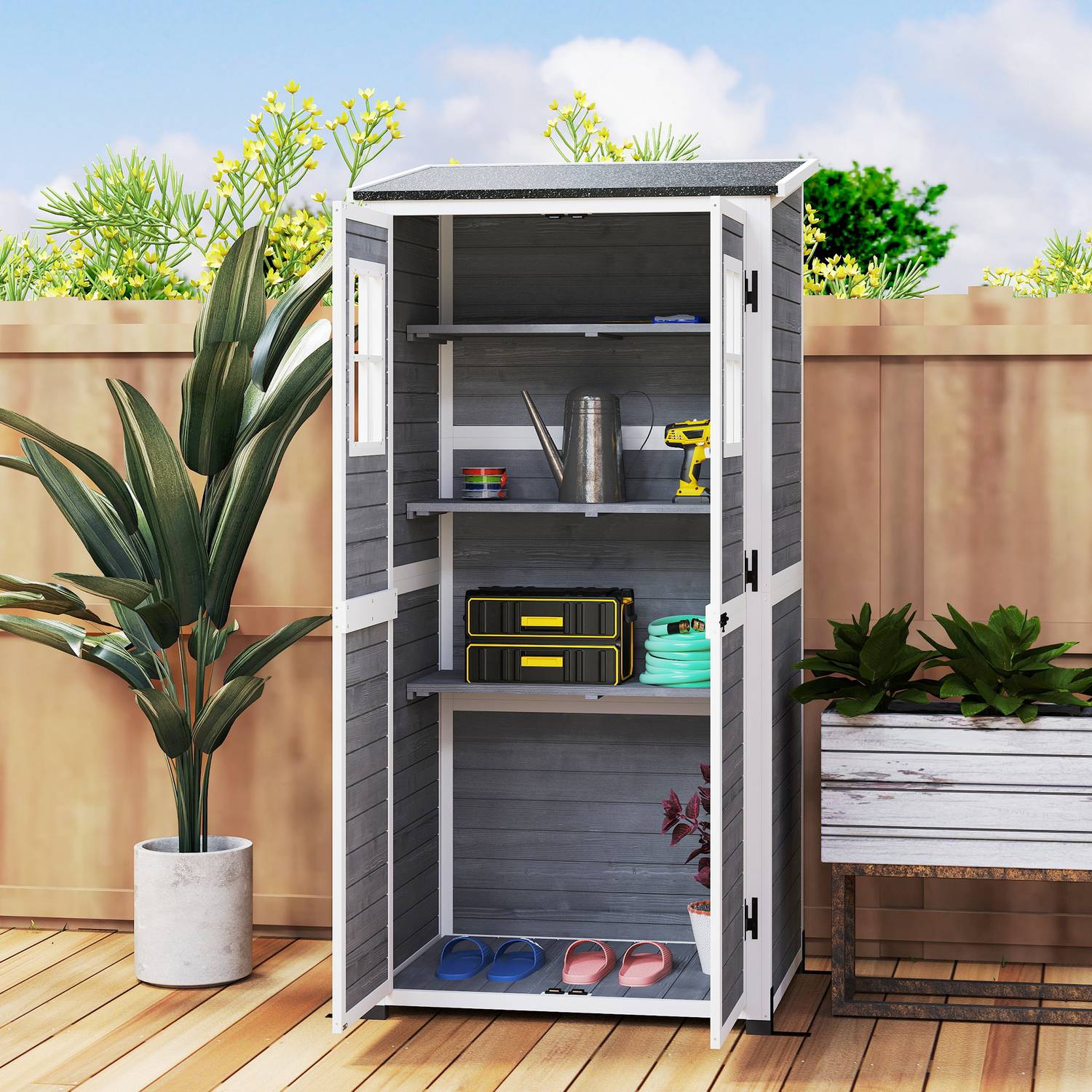 Trädgårdsredskapsskjul i trä, väderbeständig, låsbar, 91x69x192cm