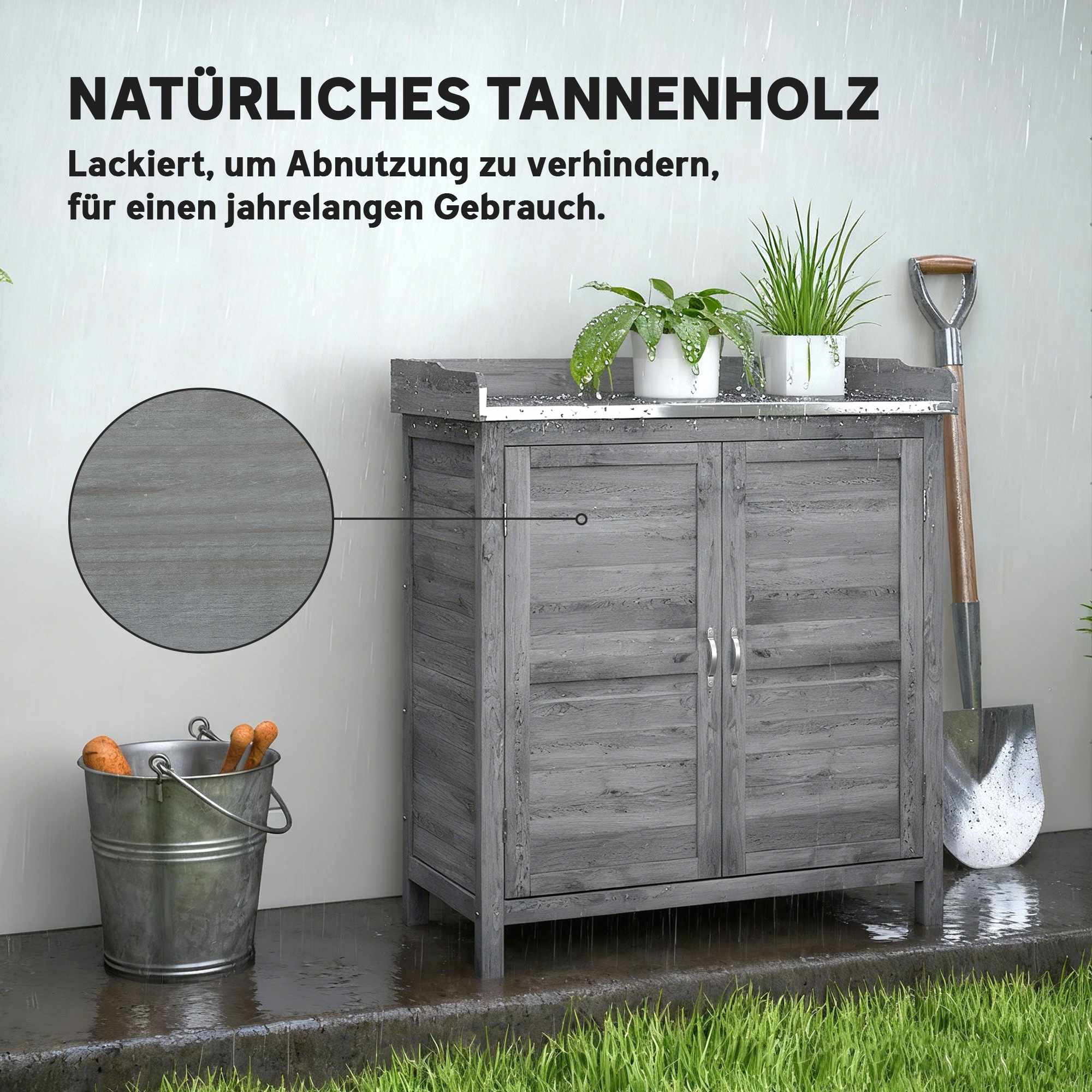 Trädgårdsskåp med metallbänkskiva, grått trä