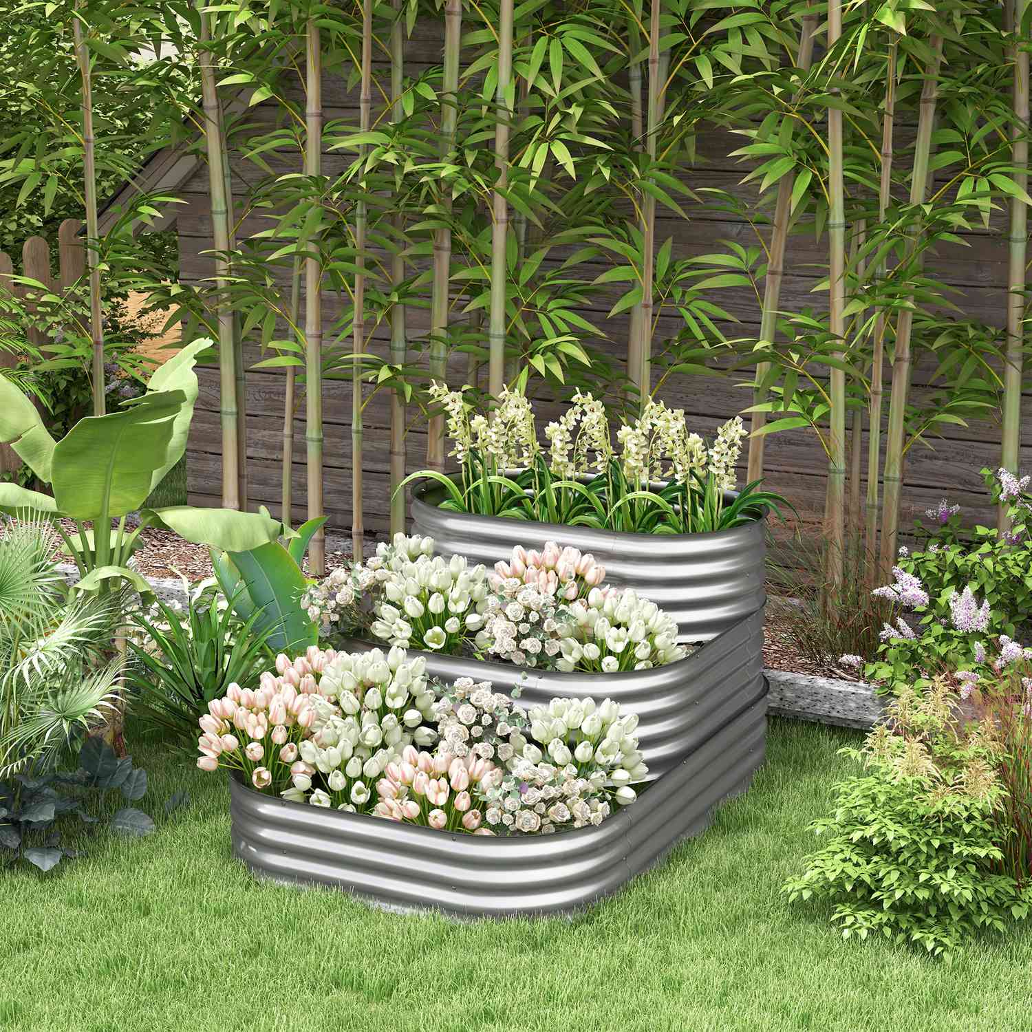 Trädgårdssäng i metall, plantering i 3 våningar, säkerhetskanter