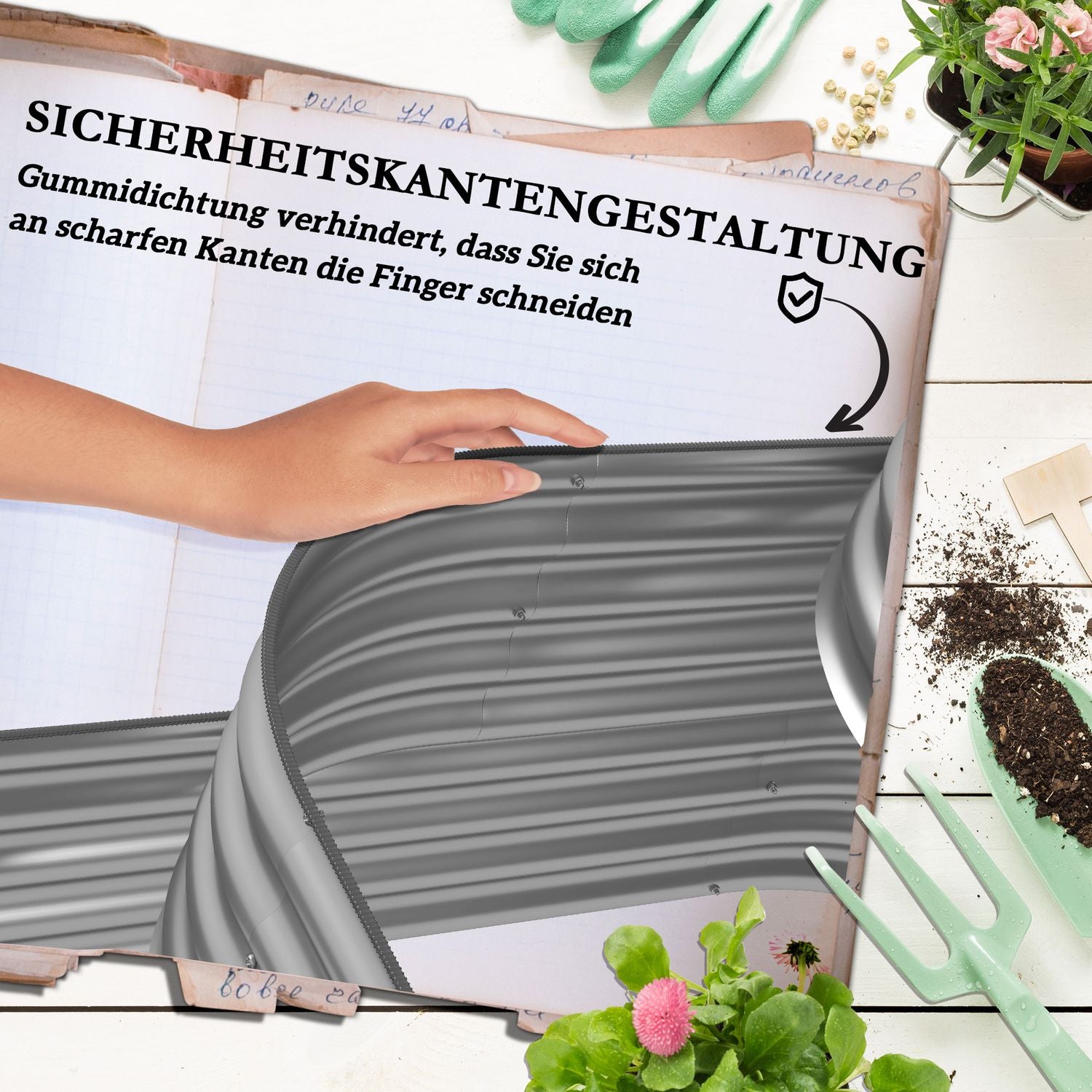 Trädgårdssäng i metall, plantering i 3 våningar, säkerhetskanter