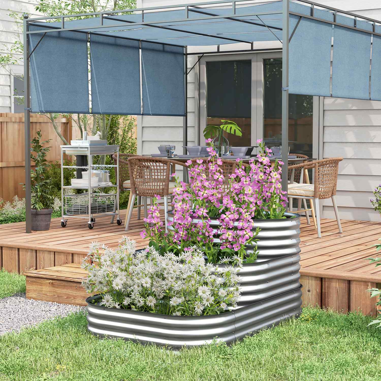 Trädgårdssäng i metall, plantering i 3 våningar, säkerhetskanter