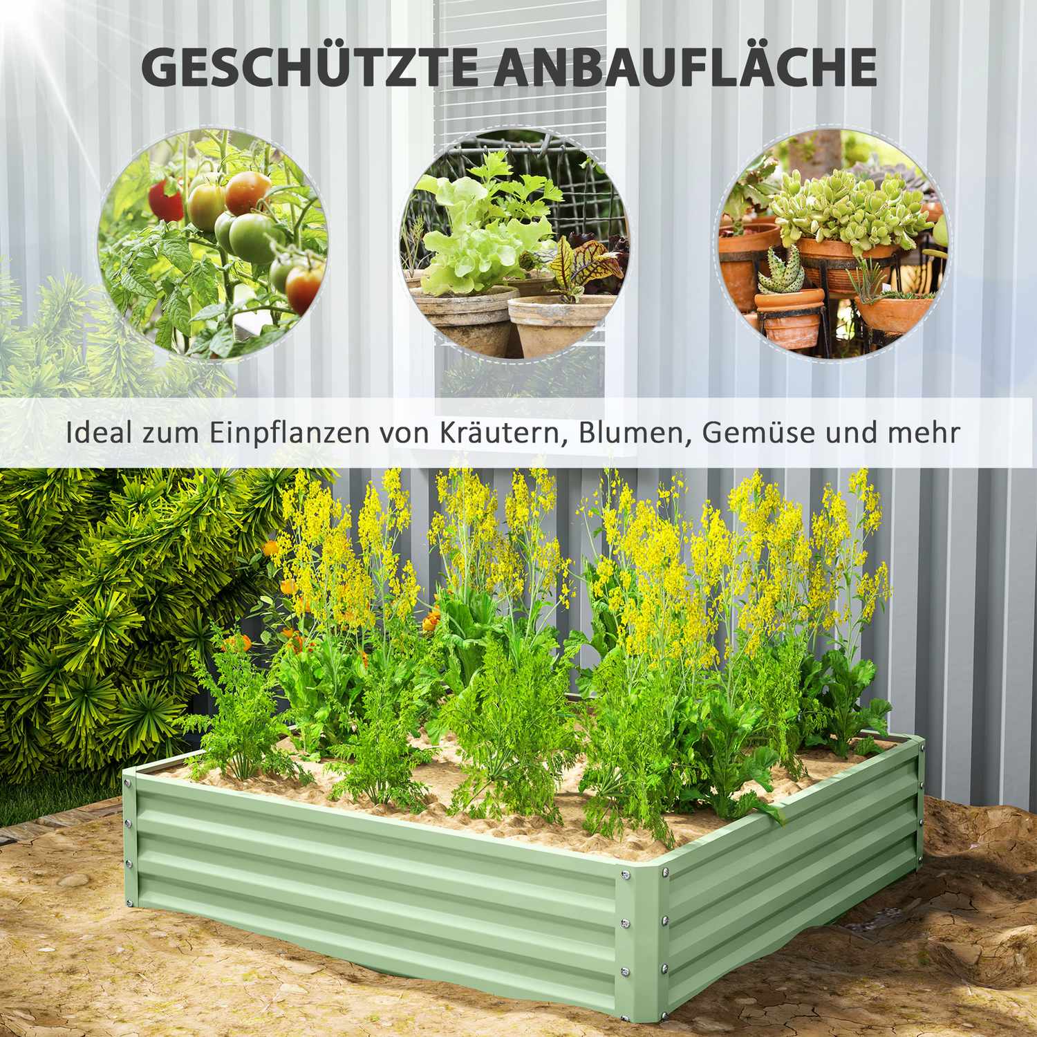 Trädgårdssäng i stål – 120x120x30 cm, grön plantering