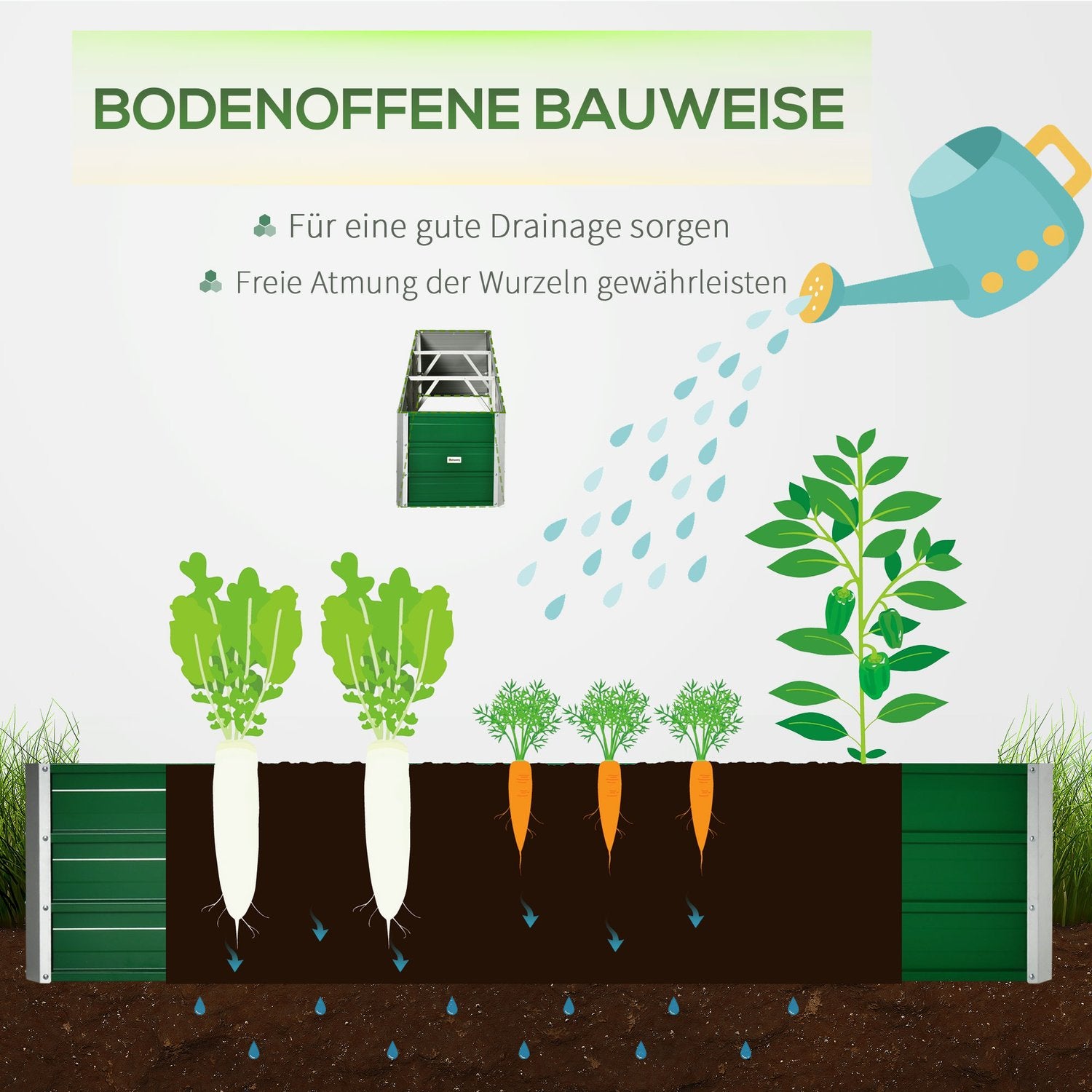 Trädgårdssäng i stål 183x47x40cm – Grön planteringslåda